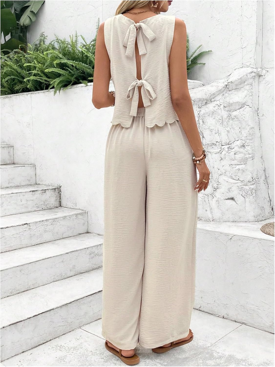 MakeMeChic Women's 2 Piece Linen Set Tank Tops and Pants Vacation Dressy Airport Set Outfit - Image 4