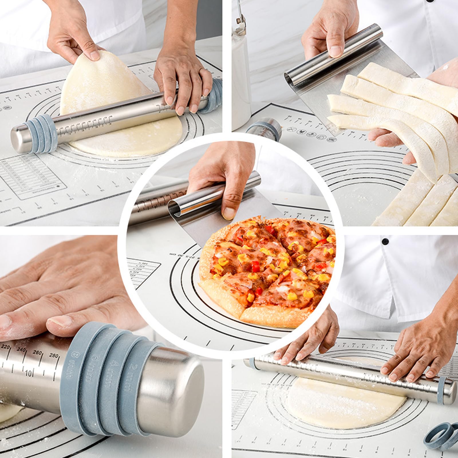 Mattarello in acciaio inox,Mattarelli Antiaderenti,Mattarello Regolabile con 8 Anelli di Spessore,con Tappetino da Forno in Silicone Pennello Olio spatola per Pasta,Pizza,Torte