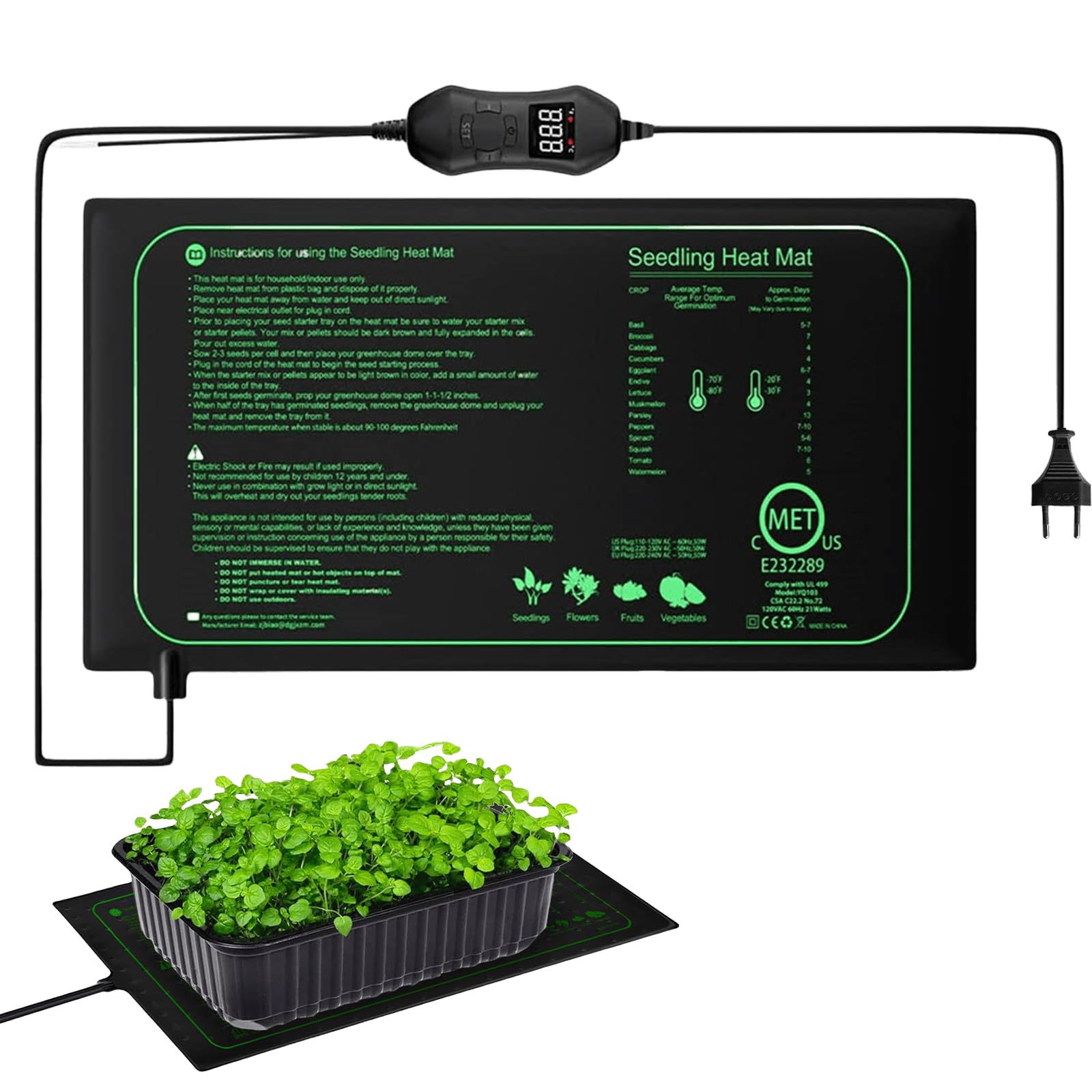 GOMETY - Alfombra térmica para plantas con termostato, 50 W impermeable para siembra y germinación, alfombra calefactora ajustable 52,5 x 25 cm para plantas, animales y reptiles
