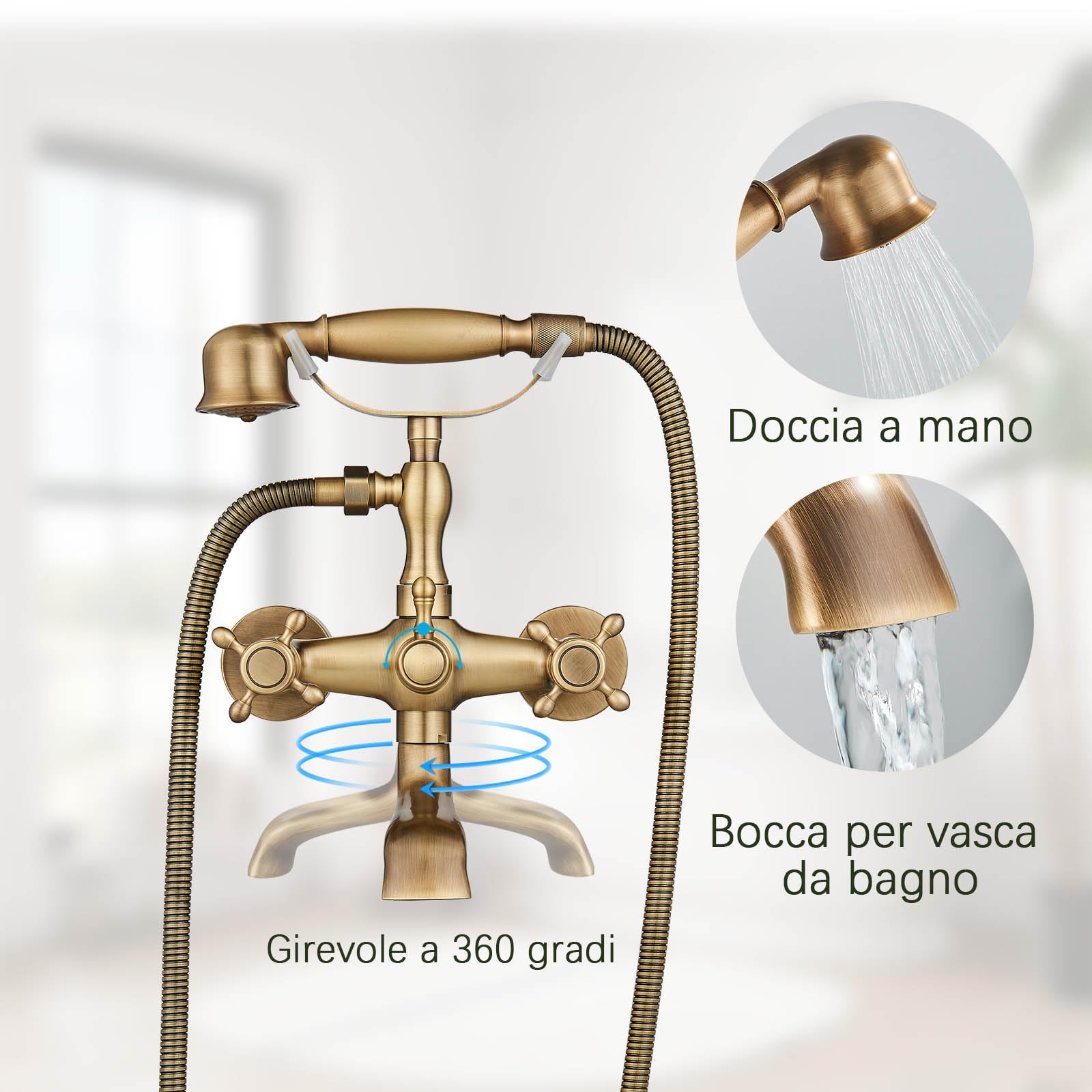 Rubinetto Vasca Da Bagno con Doccetta, Miscelatore Vasca da Bagno con Tubo Doccia da 1,5 m, Antico Vintage Rubinetto a Parete per Doccia Set Doccia, Ottone