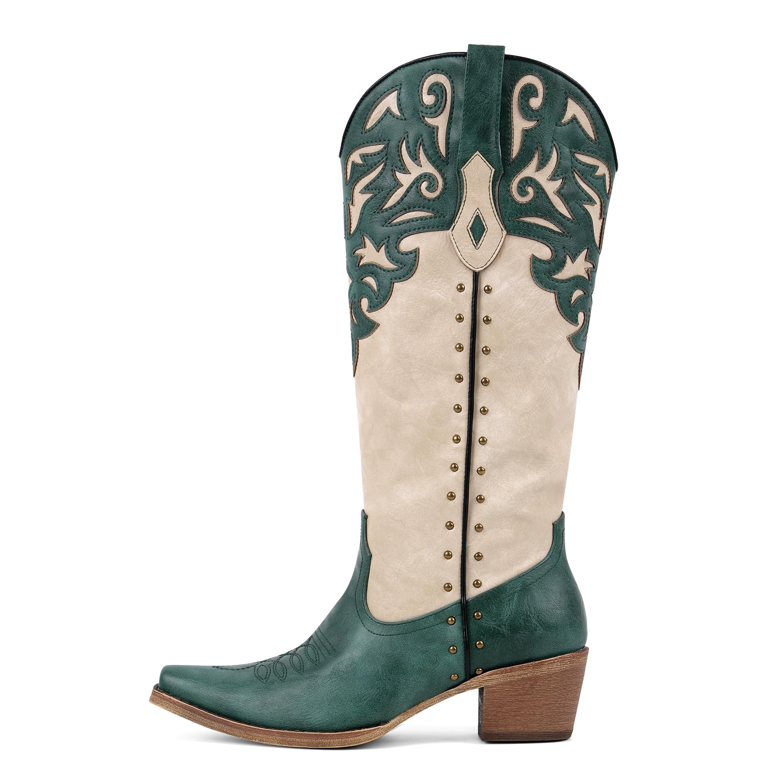 sexytag Embroidered Cowboy Knee High Boots Studded Two-Tone Pathwork Cowgirl Boots Wide Calf Low Heel Pointed Toe Side