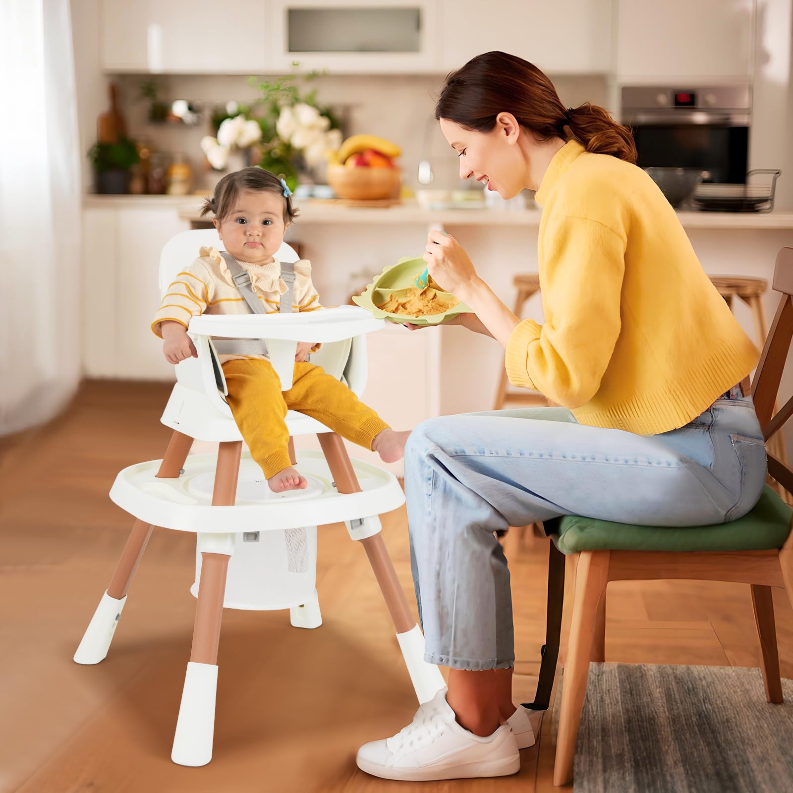 COSTWAY Hochstuhl Baby 16 in 1, Kinderhochstuhl & Spielzeugtisch & Bausteinbrett & Kinderstuhl & Sitzerhöhung mit abnehmbarem Tablett, 5-Punkt-Gurt & Korb, Babystuhl für Kinder ab 6 Monate (Weiß)