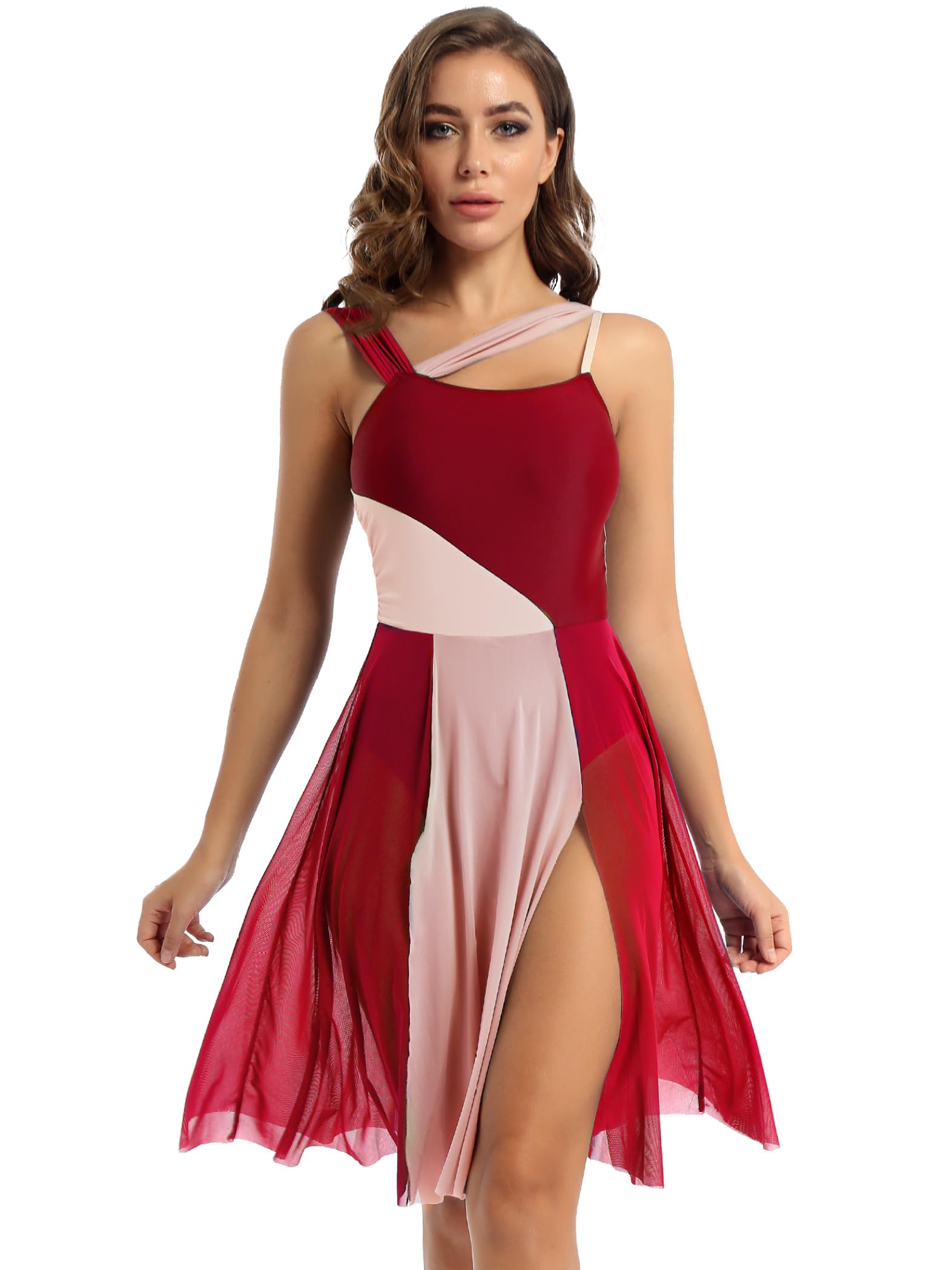 Sinleey Women's Mesh Color Block Flowy Dress Lyrical Contemporary Ballet Dance Costume Performance Dancewear