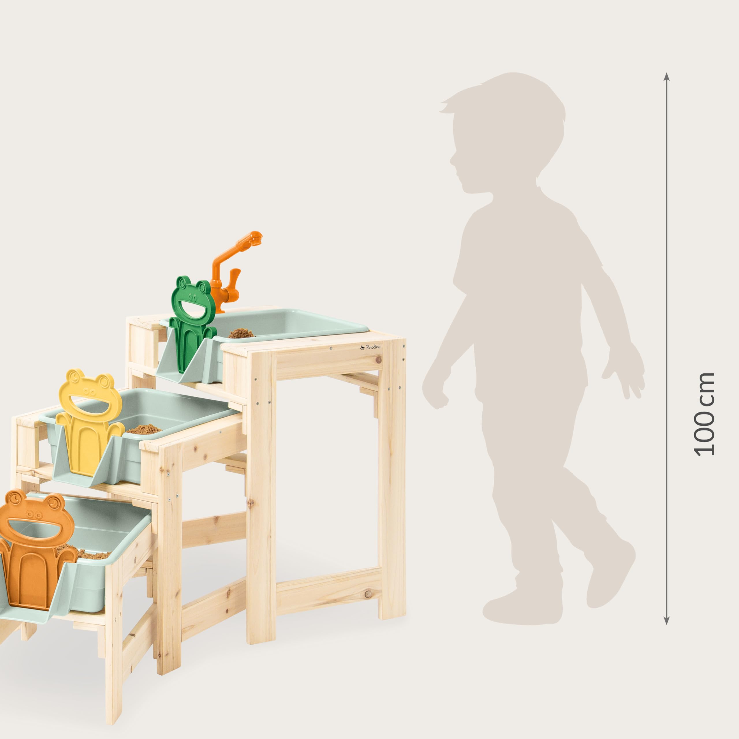 PINOLINO Juego de mesa de juegos de agua Frolino, 3 piezas, juguete acuático para exteriores, juguete de madera para jardín, con grifo y conexión de manguera, 3 mesas de juego con bañeras, a partir de
