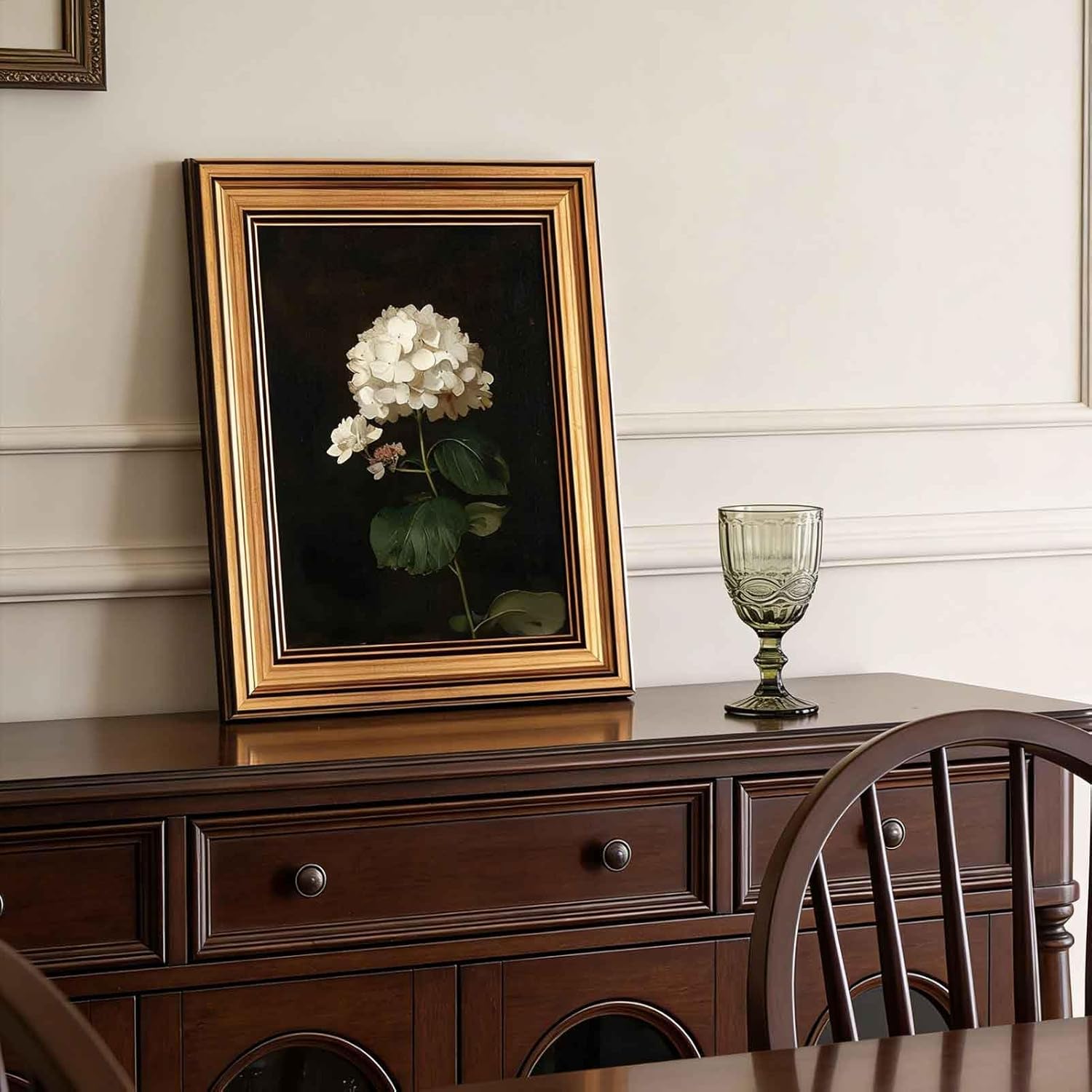 Gold Framed Moody Flower Canvas Wall Art White Hydrangea Living Kitchen painting Decor Pictures Bedroom Vintage Plant Floral Posters Prints for Corridor Classroom Bedroom Woman Room Decoration