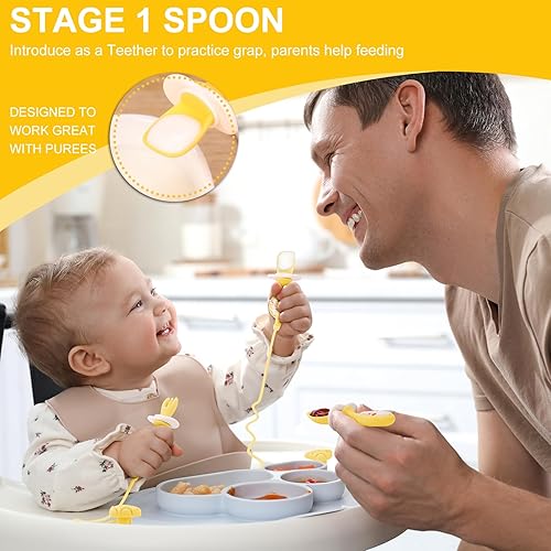 Miniatura 2 de Paquete de 3 utensilios para bebé, cucharas de destete LED para bebés, cuchara y tenedor de silicona con succión, utensilios de autoalimentación