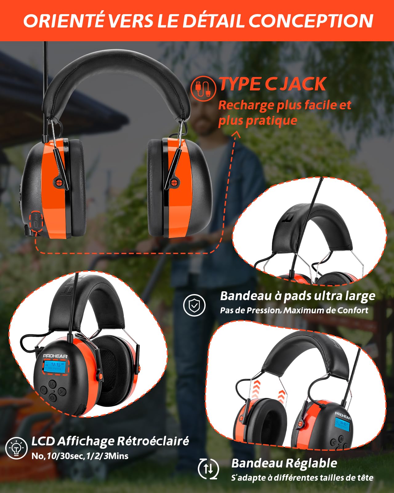PROHEAR 033A Casque Anti Bruit Radio, DAB+/FM Radio et Bluetooth sans fil, Protection Auditive Electronique Rechargeable, SNR 31dB/NRR 25dB, Pdéal Pour Chantier, Atelier, Jardin et Tonte, Orange