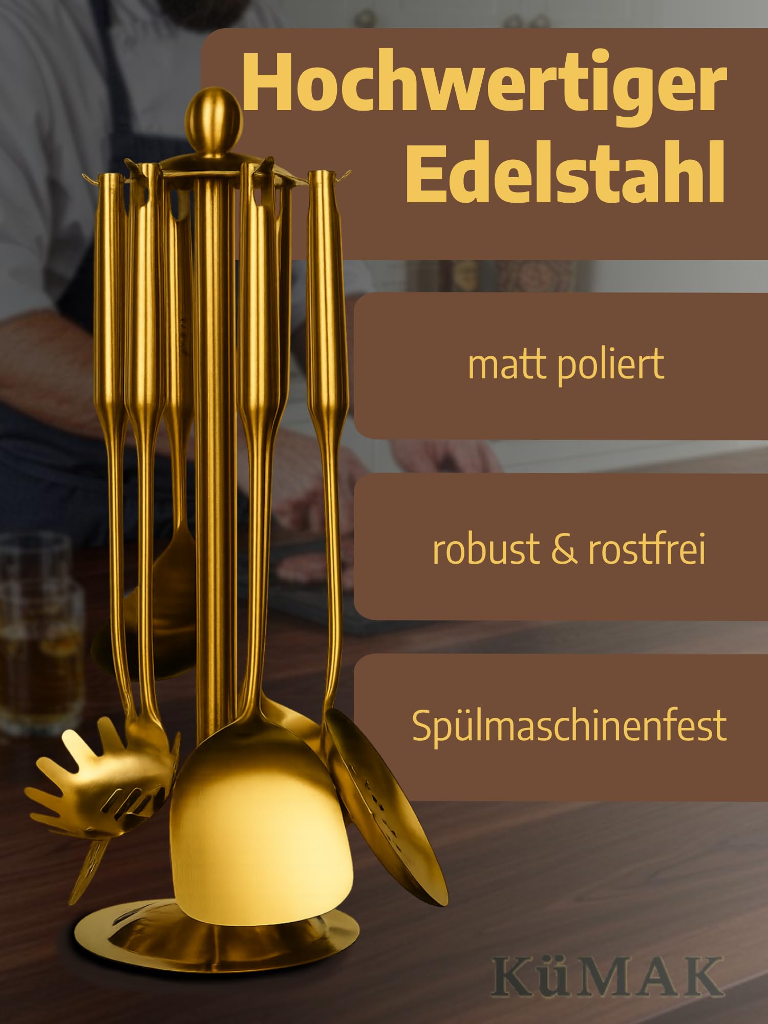 KüMAK, set di utensili da cucina in acciaio inox, 7 pezzi, utensili da cucina, set di pentole, cucchiaio da cucina, cucchiaio da cucina, mestolo, mestolo, spatola, paletta piatta e porta utensili (oro