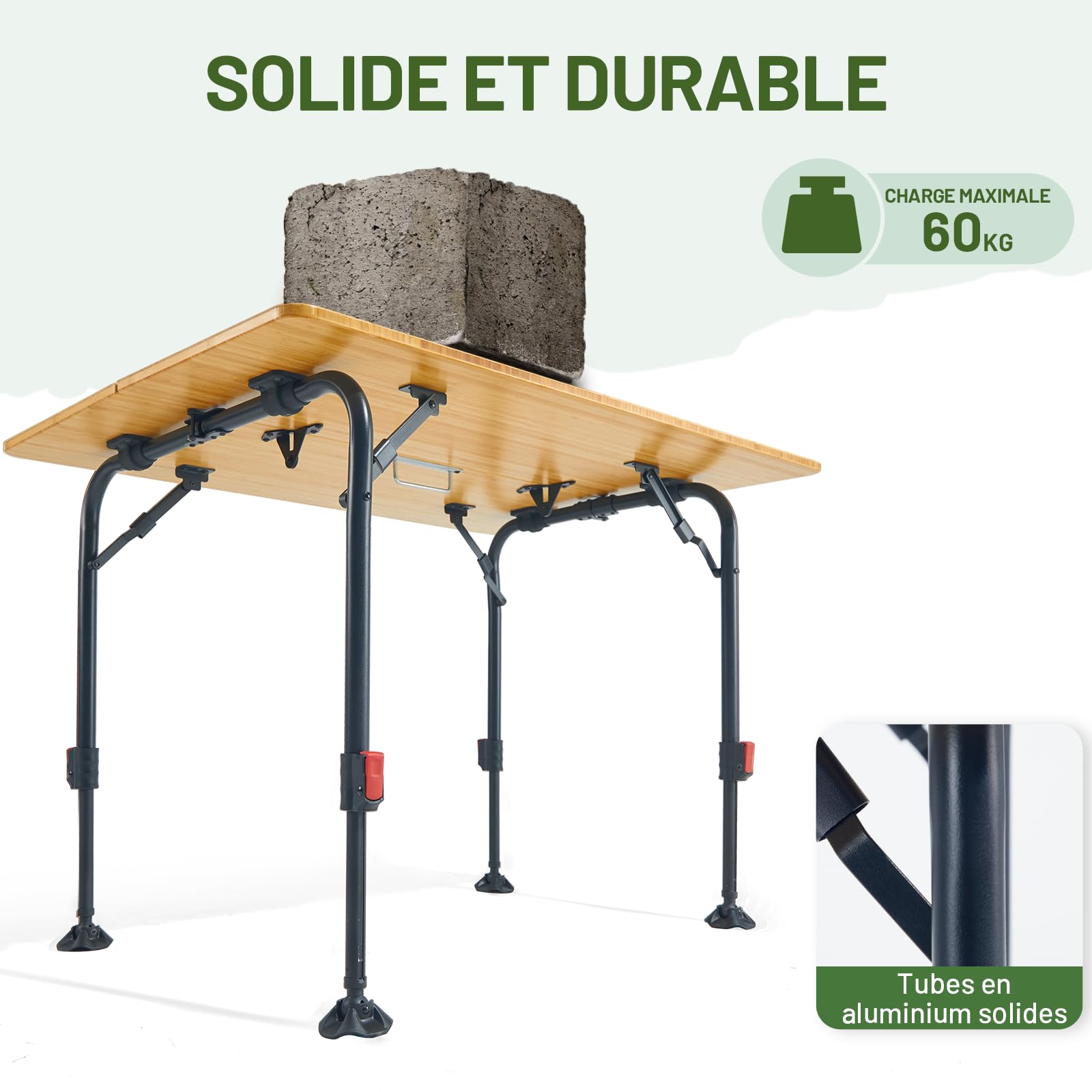Timber Ridge Table Camping Pliante Bambou Hauteur Réglable 4-6 Personnes | Plateau en bambou élégant, hauteur réglable, table pliante pour 4-6 personnes avec sac de transport pour camping et jardin