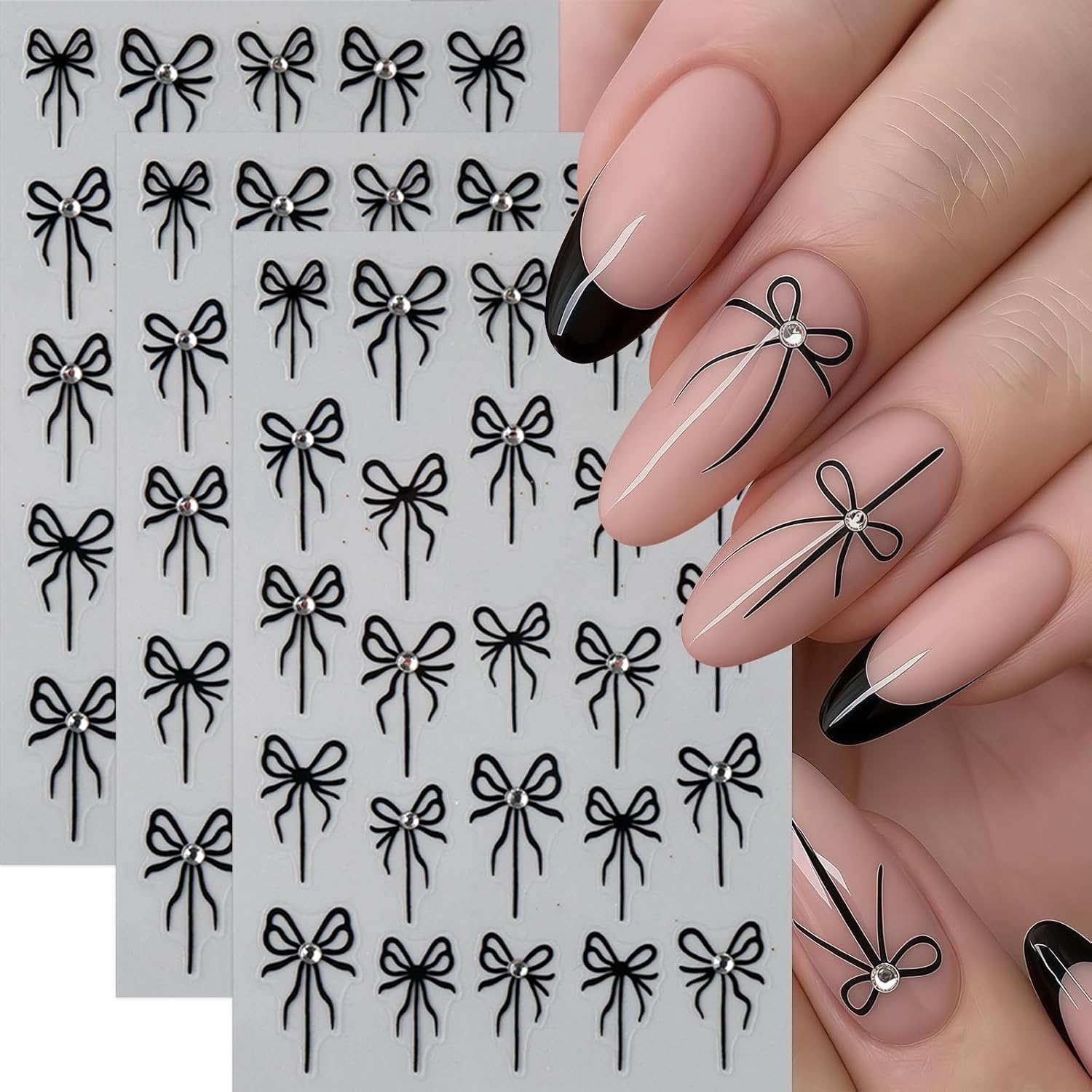 6 Sheets Bow Nail Art Stickers Black Bow Tie Nail Decals with Crystal Cute Ribbon 3D Self-Adhesive Valentines Nails Design Diamond Bow-Knot Nail Stickers Nails Supplies for Women DIY Manicure Decor image 5