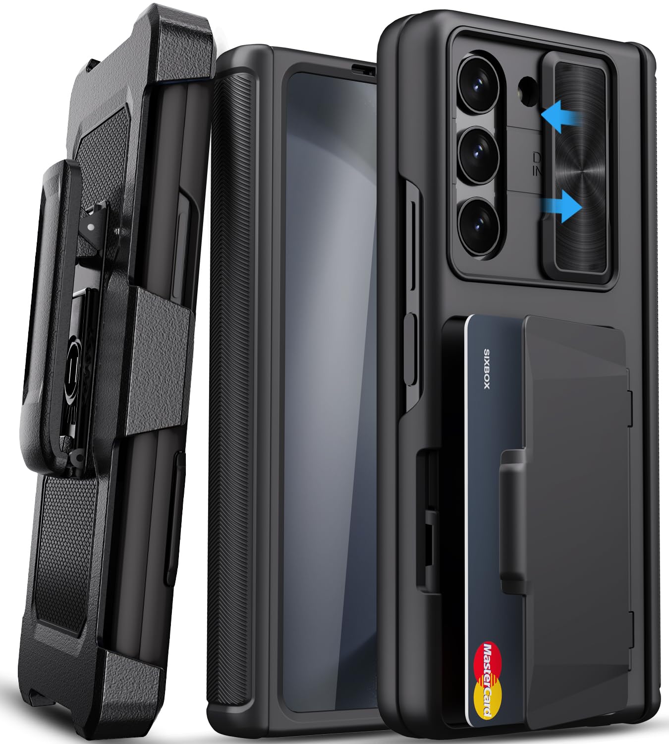 Photo 1 of SIXBOX for Samsung Galaxy Z Fold 5 Case with Belt Clip & Card Holder & Slide Camera Lens Cover, Built-in Screen Protector & Hinge Protection, Shockproof Durable Phone Case for Galaxy Z Fold 5, Black