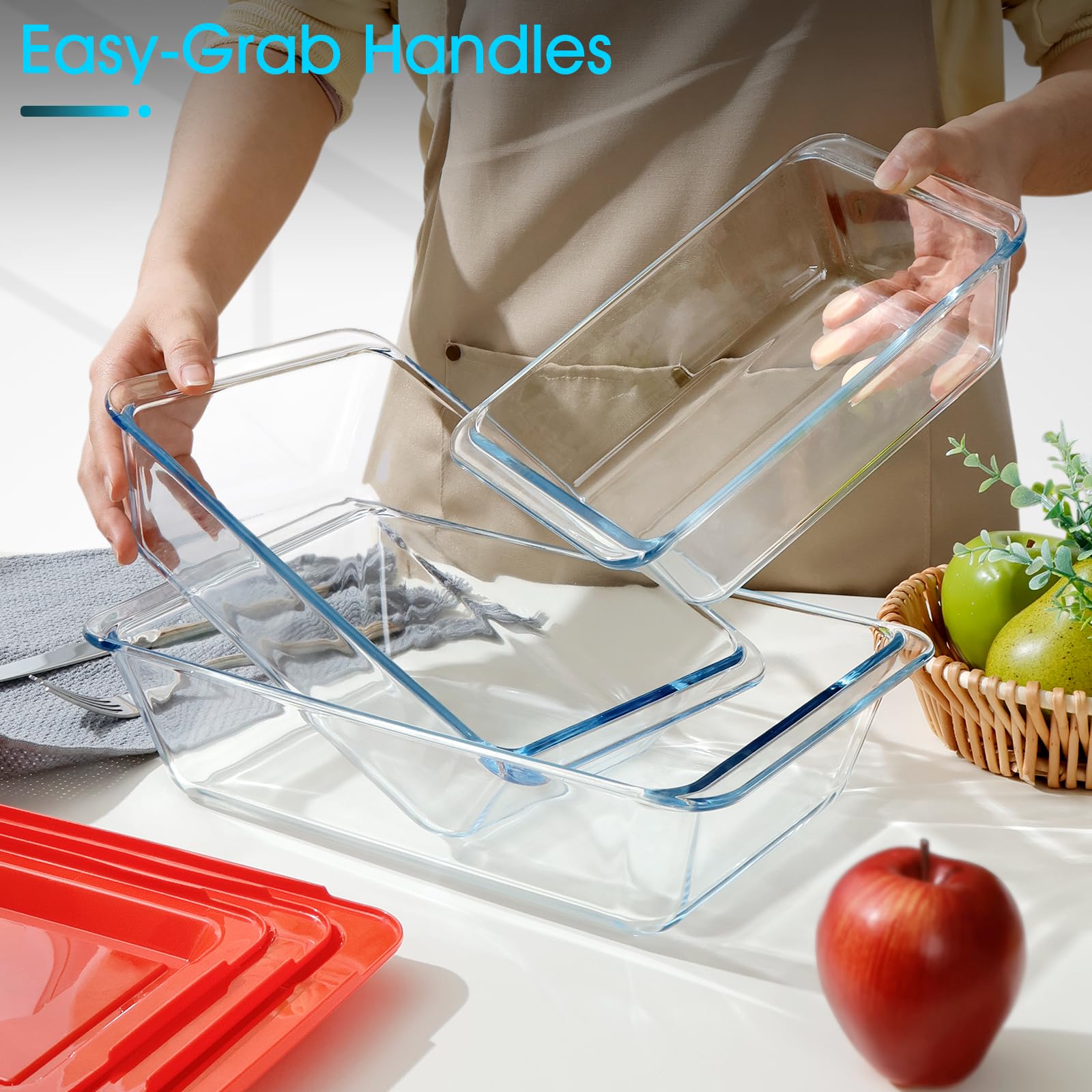 NUTRIUPS Set mit 3 tiefen Glas-Backformen mit Deckel, tiefe Lasagneform mit Deckel, Lasagneform für den Ofen, rechteckige Glas-Backformen (rechteckig mit Deckeln, 1,5 + 2,4 + 3,7 Qt)