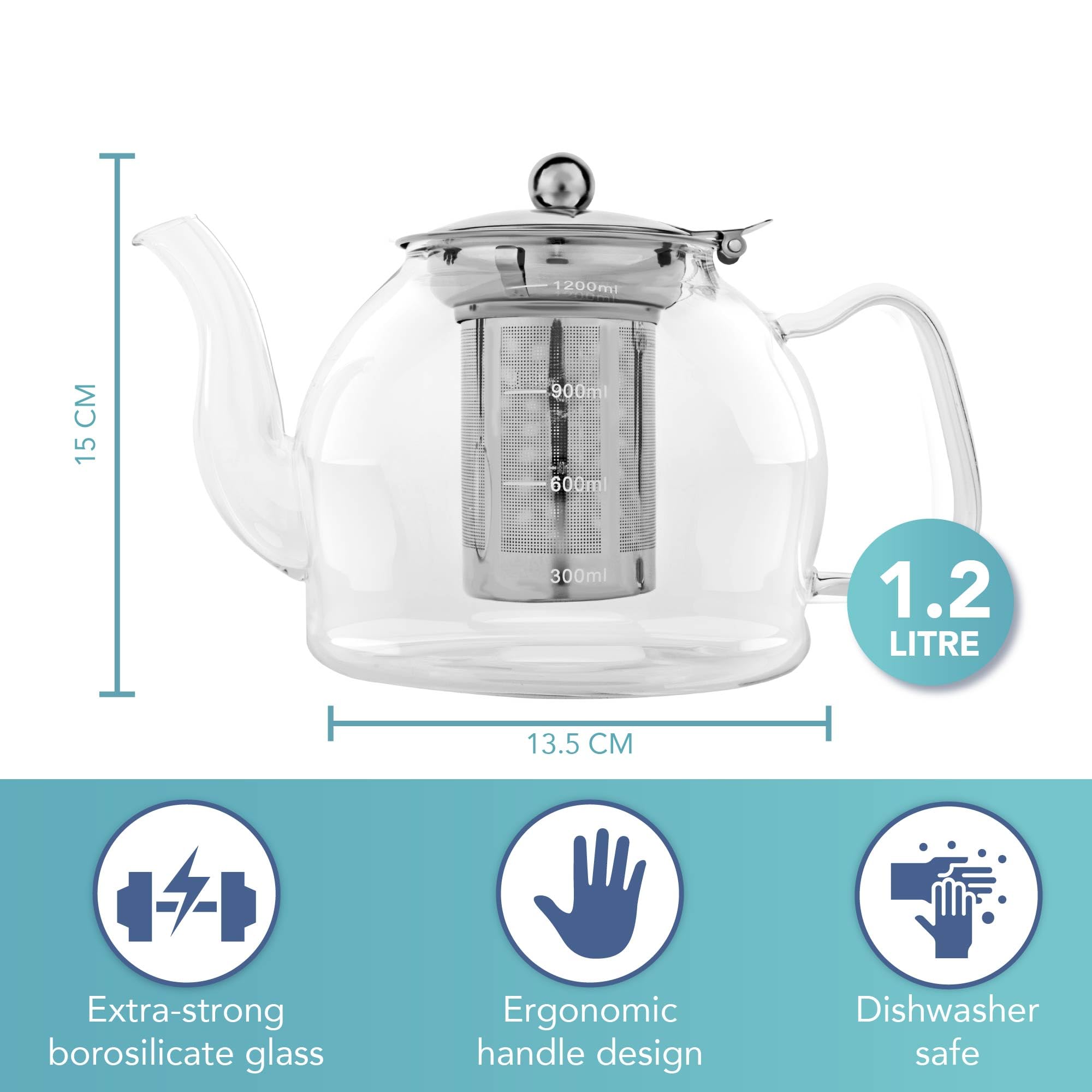 HEFTMAN Przezroczysty szklany dzbanek do herbaty 1200 ml z zaparzaczem do luźnej herbaty, na 3–6 filiżanek, żaroodporne szkło borokrzemianowe, wyjmowane sitko ze stali nierdzewnej