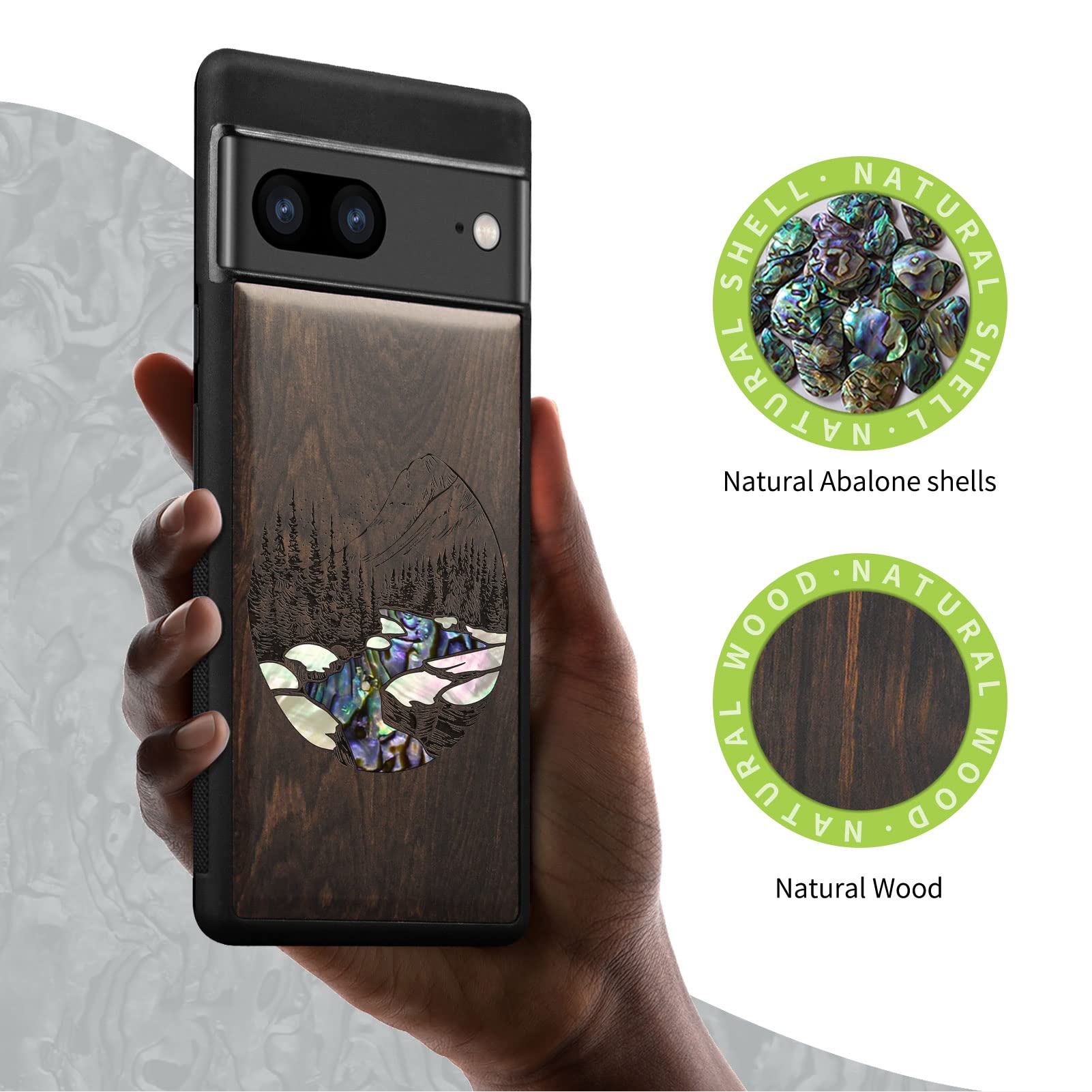 Carveit Designer Wooden Case For Google Pixel 7 Pro Case [Wood Engraving & Shell Inlay] Compatible With Wireless Chargers Pixel 7 Pro (Statue Of Liberty-Blackwood