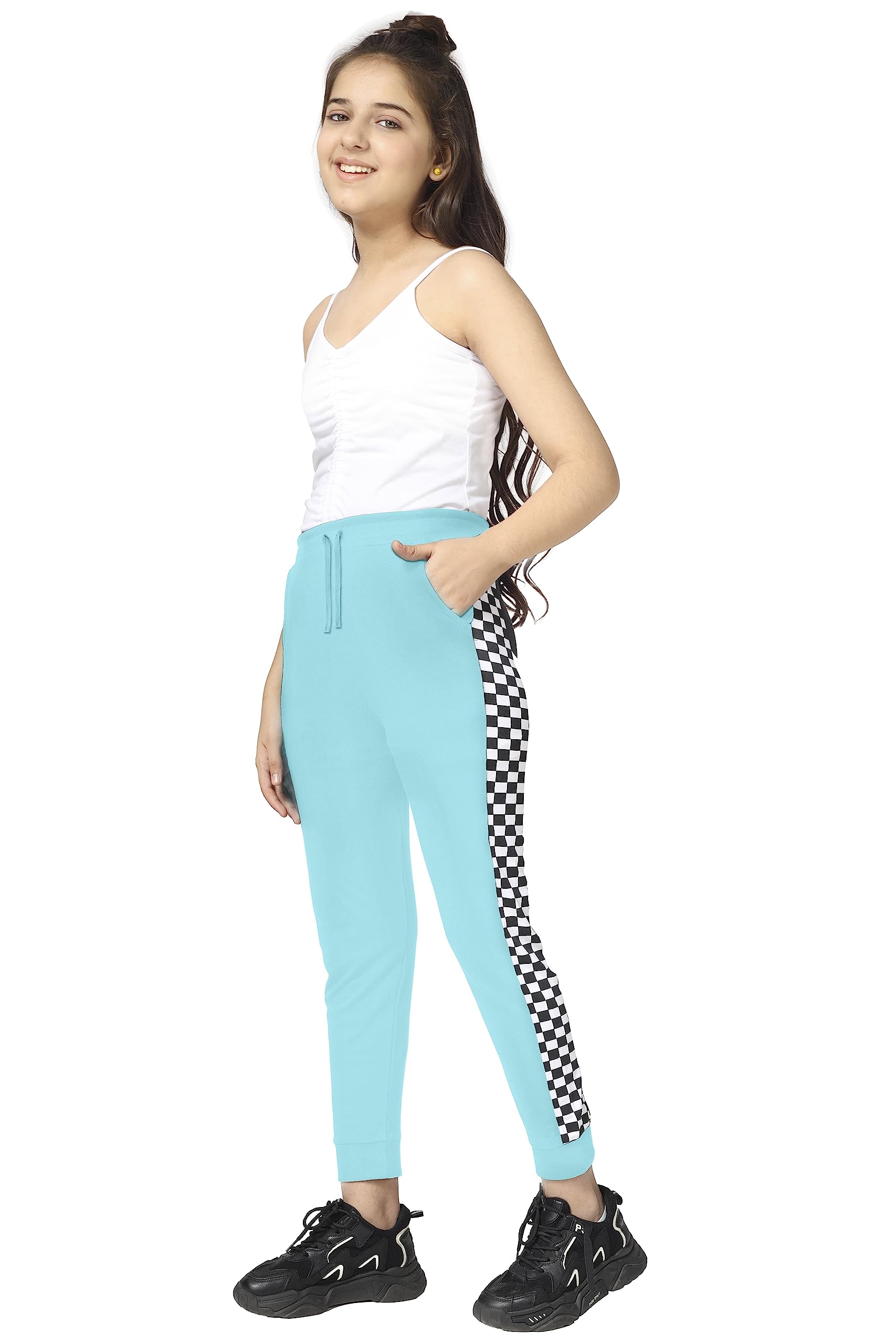 KYDA Kids® Trainingshose für Mädchen, 100 % Baumwolle, Schachdruck, elastischer Bund, normale Passform, weich, atmungsaktiv, Kinder-Freizeitkleidung mit Seitentaschen, mehrfarbig, 2 Stück