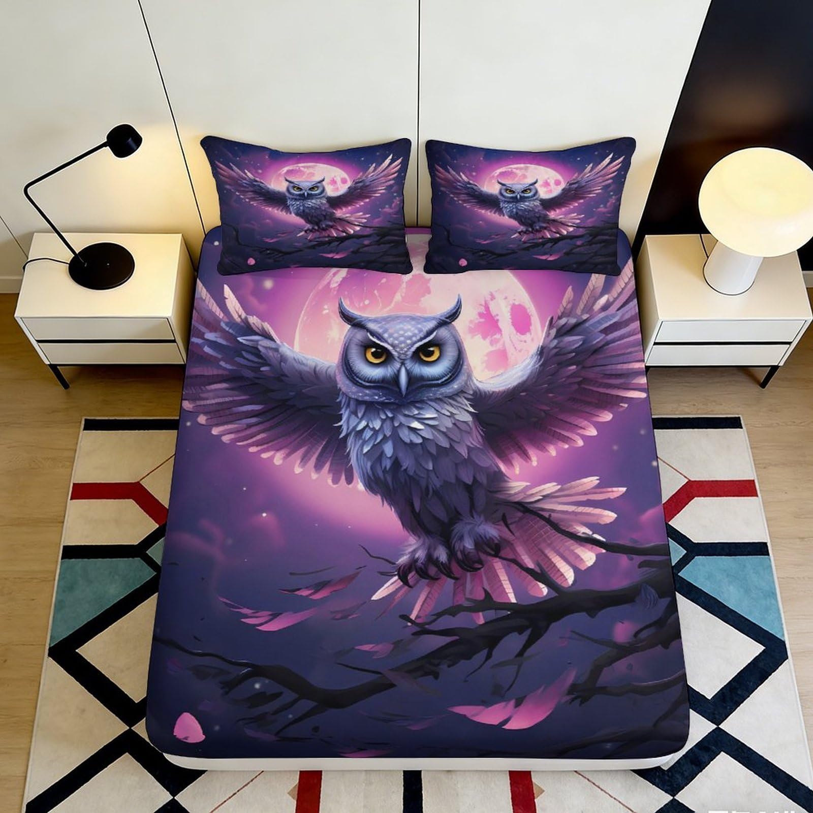 3D Printed Purple Owl Fitted Sheet Microfiber Soft Breathable Moonlight Bed Cover for Bedroom Dormitory Guest Room Mattress Protection Decor 90x200x25cm