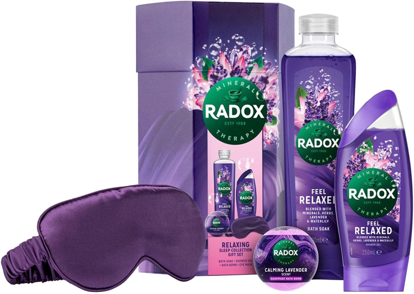 Radox Relaxing Sleep Collection including Calming Lavender Bath Bomb & a soft sleep mask Gift Set Festive gifts for Men and Women 3 piece