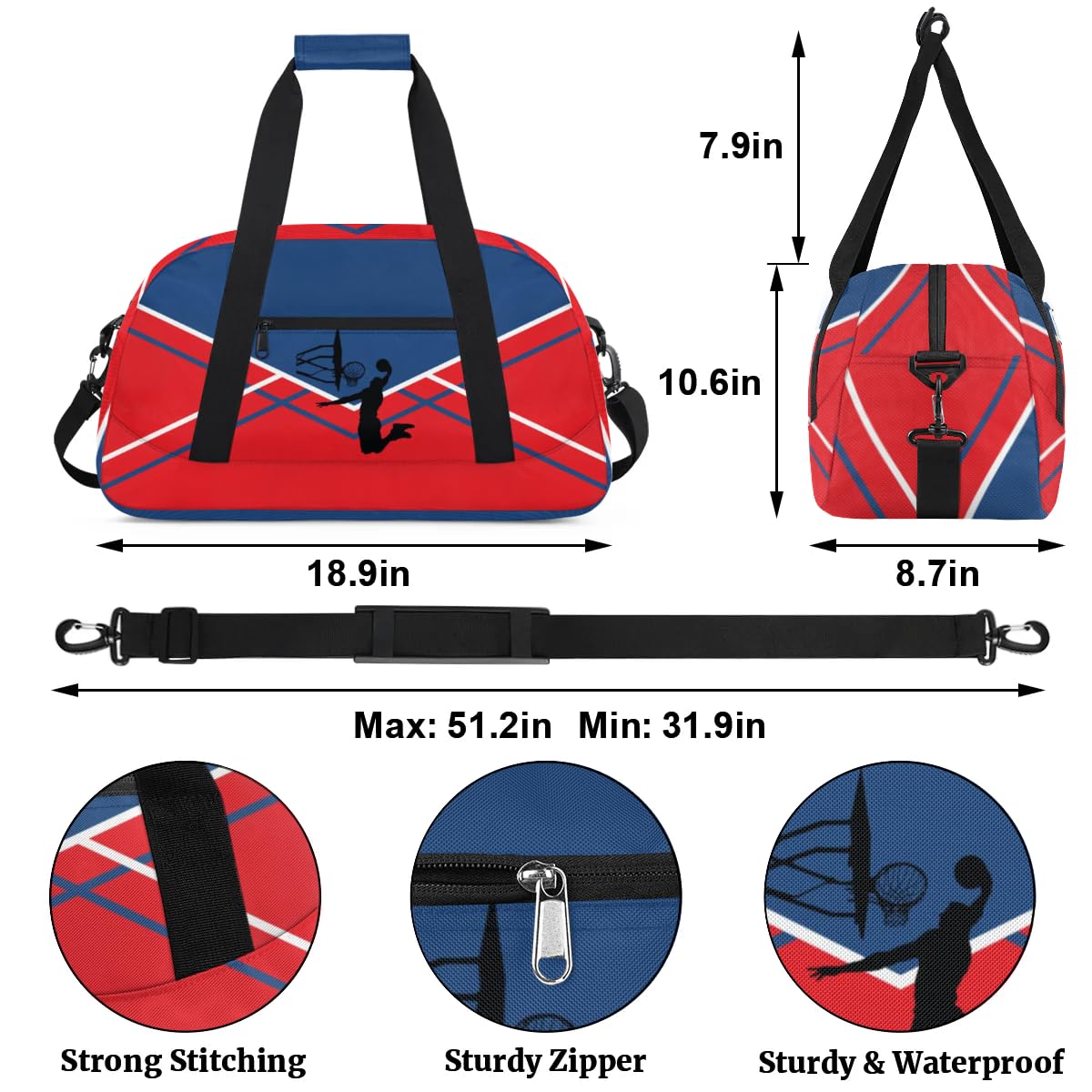 Red Blue Basketball Patterns Personalized Duffle Bag for Kids Custom Dance Ballet Bag with Name Lightweight Travel Weekender Overnight Bags Sport Gym Duffel Bag Workout Carry On Tote for Girls Boys