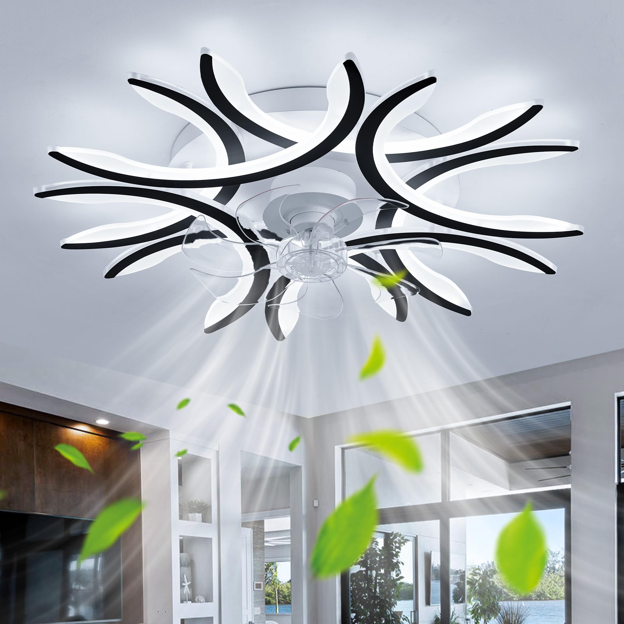 LED Ventilatore da Soffitto con Luce Grande Camera da Letto Dimmerabile Plafoniera Ventilatore Reversibile Compatibile con Alexa Silenzioso Lampadario Ventilatore Fiore Smart 6 velocità-Noir|Alexa