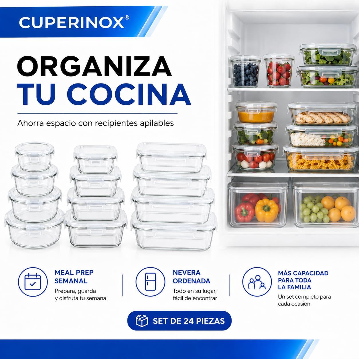 24 Tuppers de Vidrio Herméticos, 3 Formas, sin BPA, Meal Prep | 8 Recipientes para Alimentos Rectangulares + 8 Cuadrados + 8 Redondos, Apto para Microondas*, Lavavajillas y Congelador