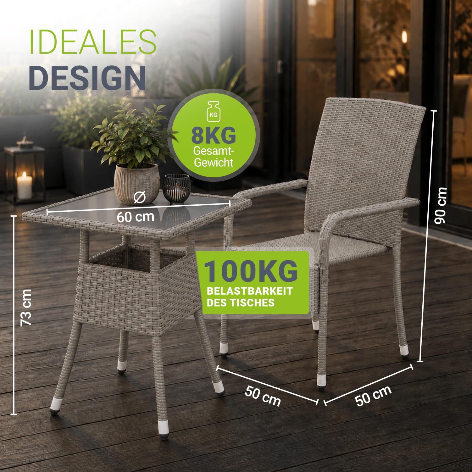 Juskys Polyrattan Gartentisch Yoro wetterfest - Balkontisch 60x60 cm eckig - Rattan Beistelltisch mit Glasplatte - Kleiner Tisch für Balkon - Grau