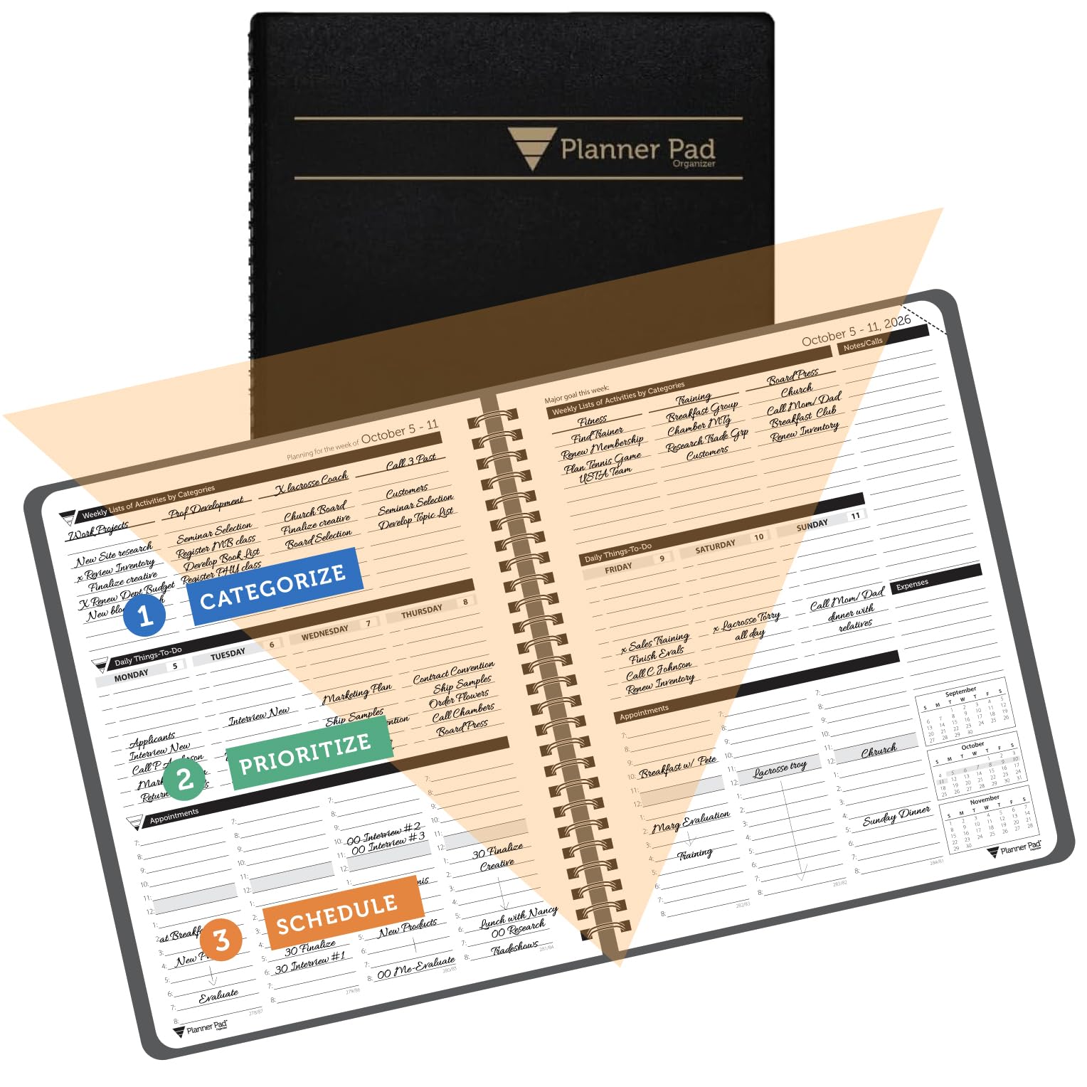 Planner Pad Spiral Bound October 2026 – September 2027 6 3/4" x 8 1/2" Medium 3-Tier Funnel Down 12 Month Organizer, Black Cover/Black Ink