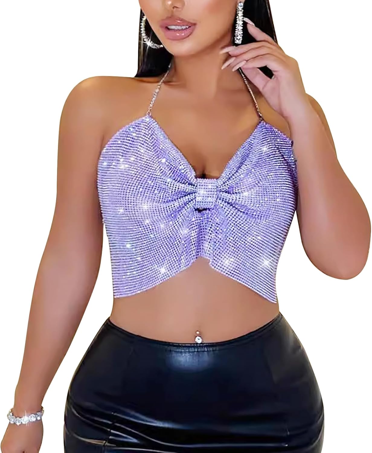 Sexy Sequin Crop Tops Sleeveless Metallic Halter Shiny Backless Tank Top for Women Party Night Club Rave Outfits - Image 2