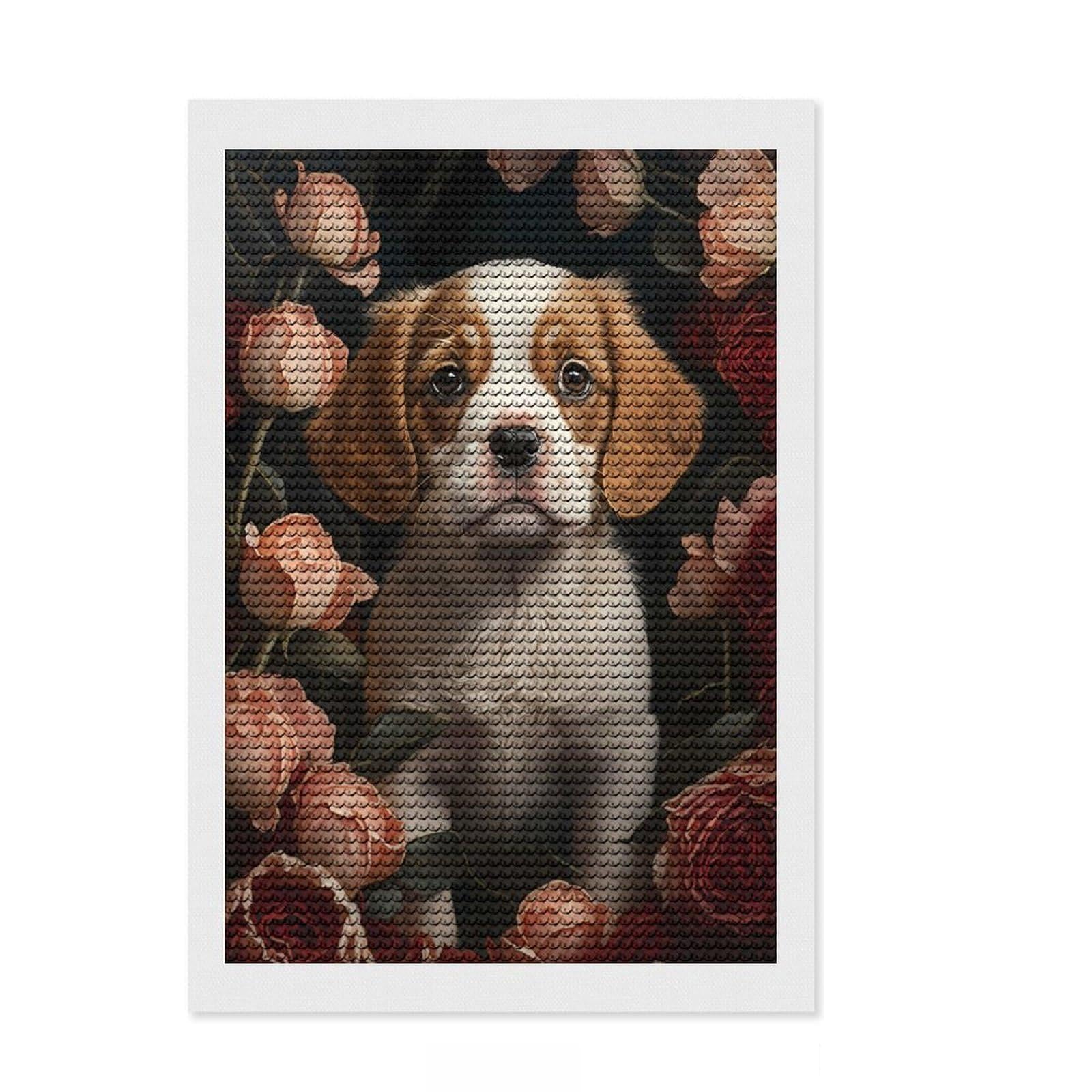 Junmoney Puppy in Roses Round Drill Diamond Painting 8"x12", for Beginners, Simple to Start, Modern Decor, Birthday Gift, Easy to Enjoy