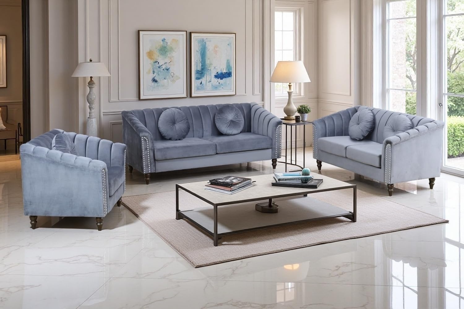 A Ainehome Chesterfield Sofa Set Sectional Couch, 3 Piece Living Room Furniture Set, Chesterfield Sofa Loveseat Couch Chair with Scroll Arms and Nailhead for Living Room, Office,Grey