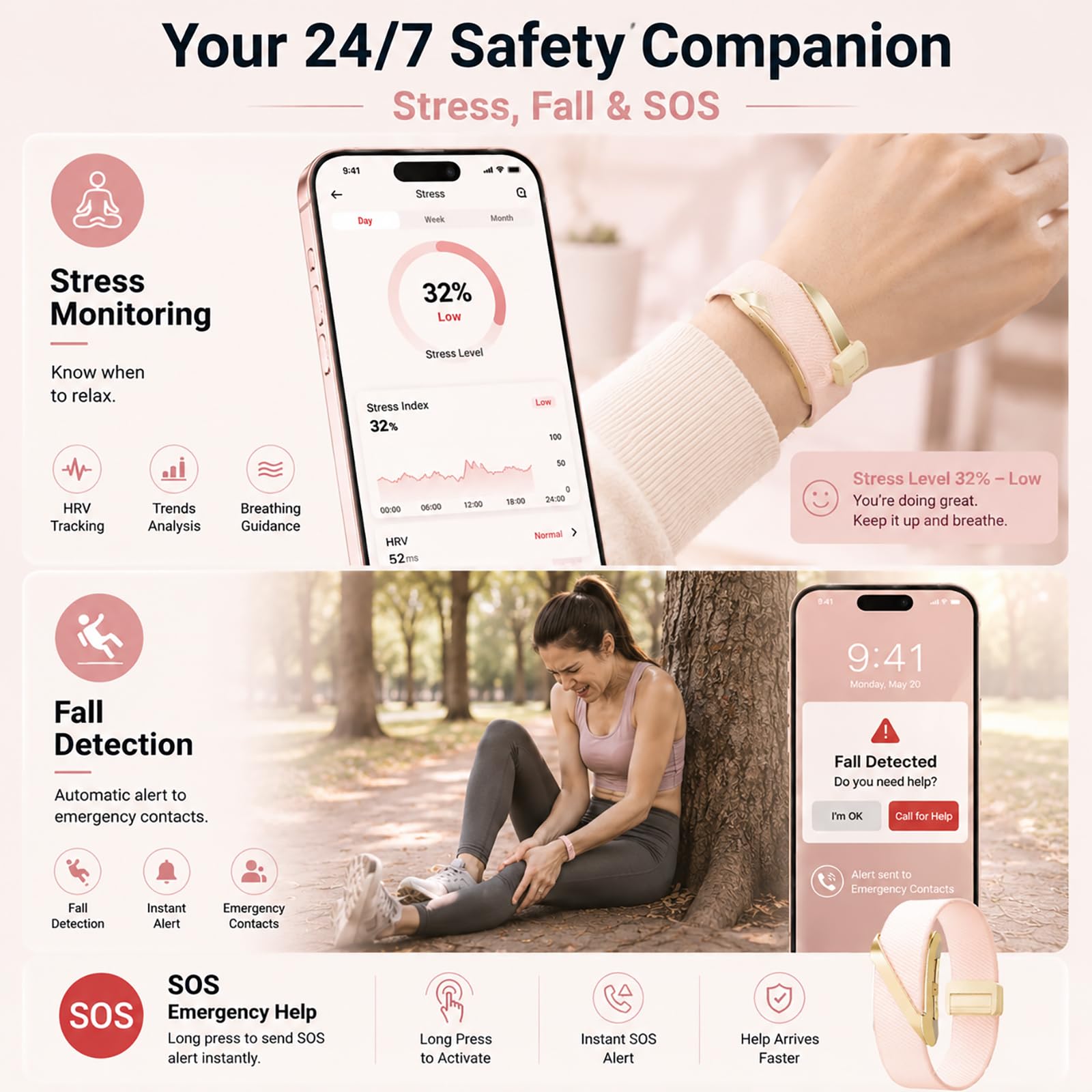 Rastreador de actividad inteligente con inteligencia artificial, monitor de frecuencia cardíaca 24/7, seguimiento multideportivo, sin pantalla, SOS y detección de caídas, impermeable y larga duración