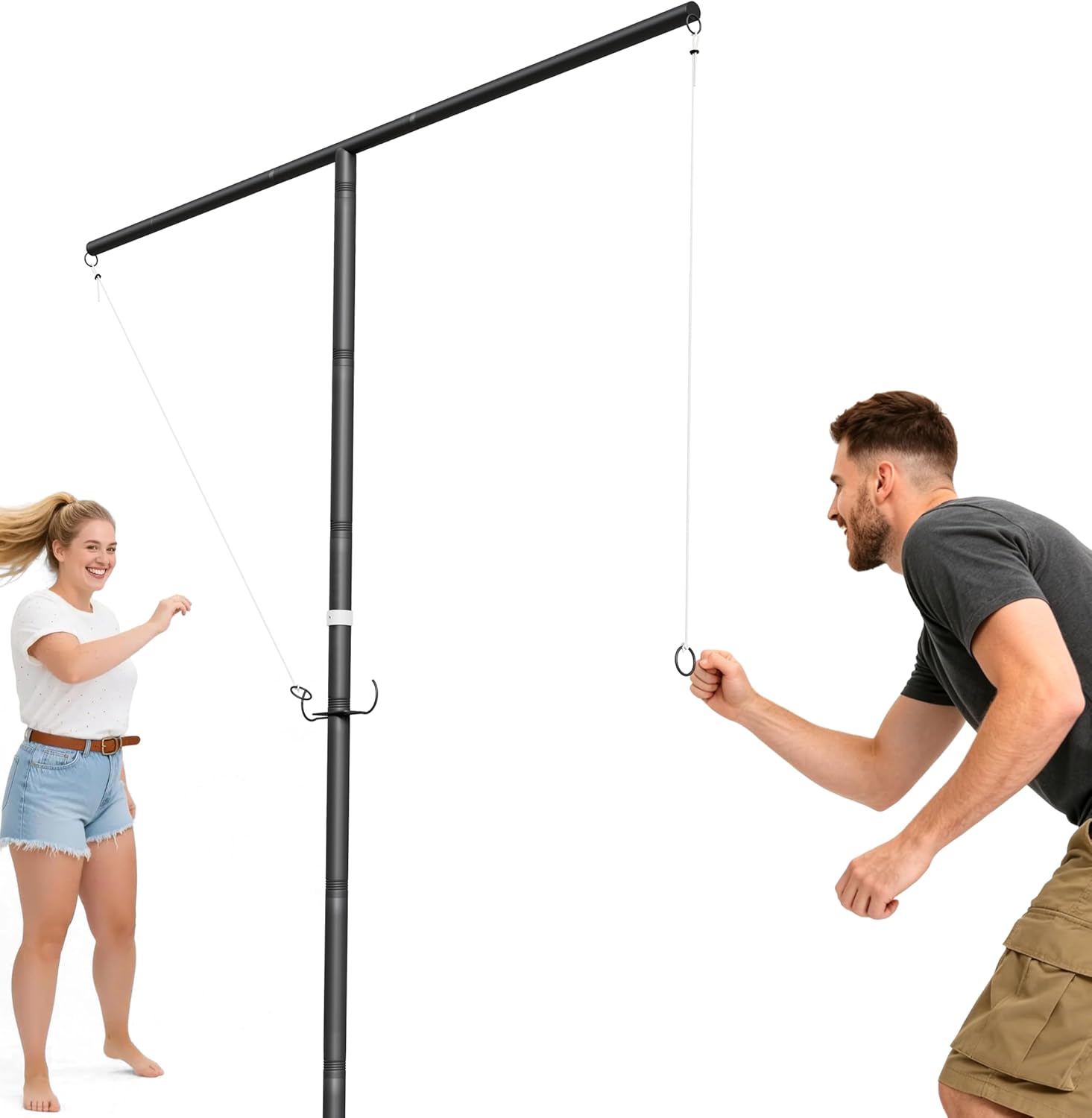 7.5FT Outdoor Giant Ring Toss Game for Adults and Family, Height Adjustable Hook and Ring Game with 3 Sizes Ring & 33FT DIY Rope for Party, Metal Large Ring Toss Game for Home, Yard, Black