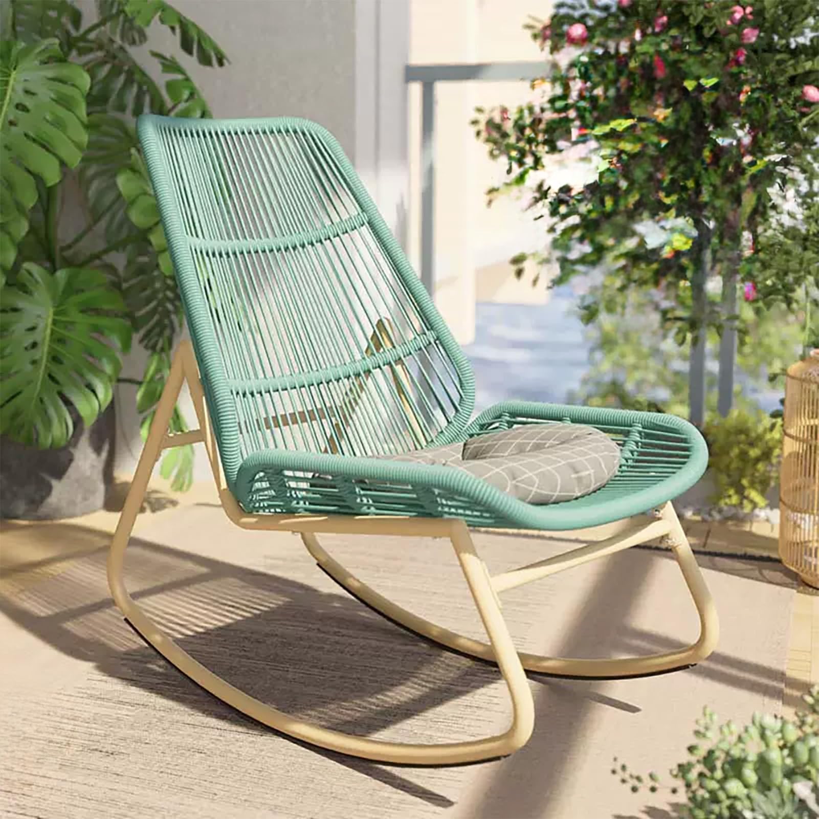 Genérico Modern Rattan Rocking Chair with Cushion - Easy to Assemble Relaxing Chair for Garden, Balcony, Living Room - 150KG Capacity