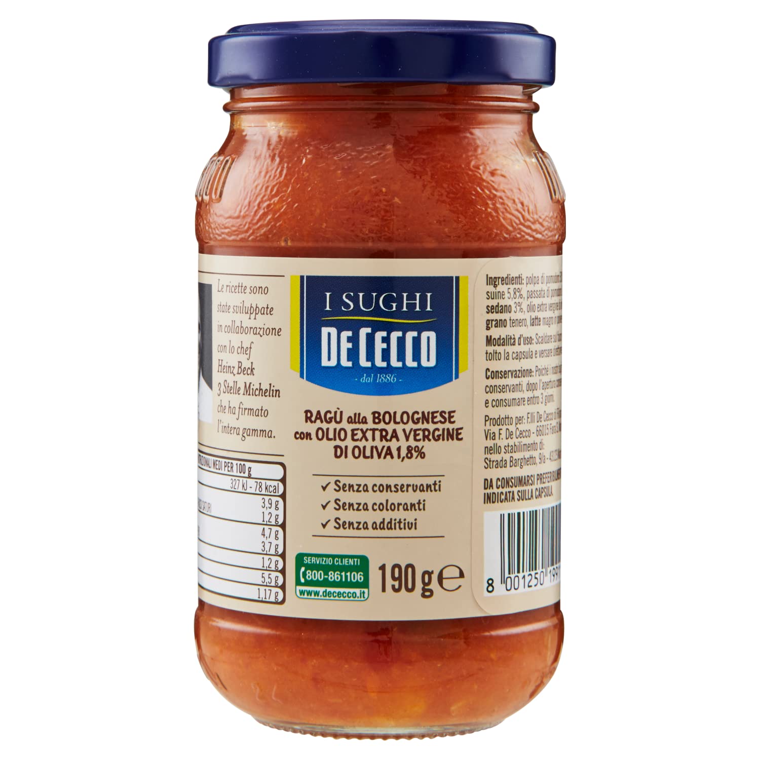 6x De Cecco Ragù alla Bolognese con Vitellone Bianco dell'Appenino Centrale IGP sauce au boeuf blanc de l'IGP des Apennins centraux avec 100% de tomates italiennes 190g