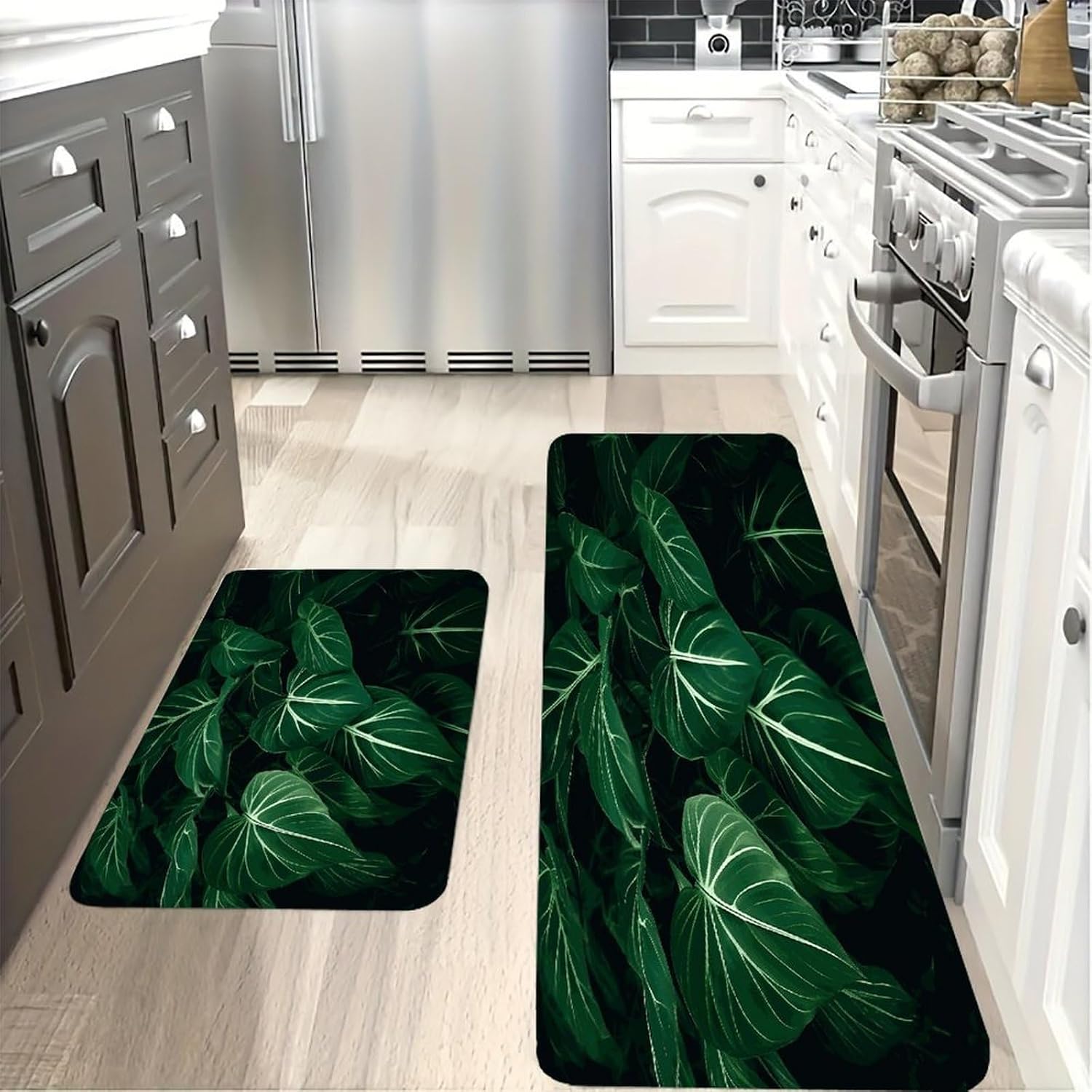 Green Long Leaves Kitchen Mats with 2PCS Non-Slip Washable,Kitchen Rug Heavy Duty Durable, Floor Mats for Kitchen,Office,Sink,Laundry