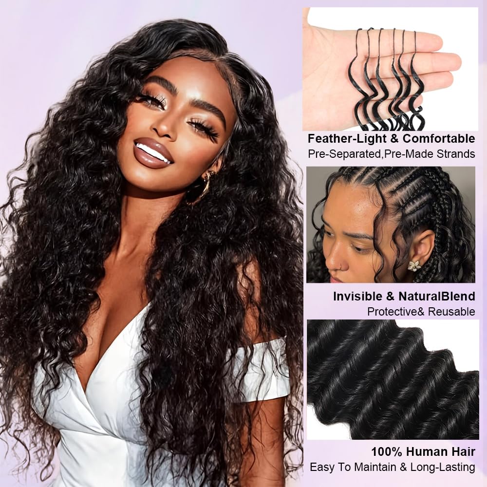 Human Crochet Hair Deep wave Feather Crochet Human Hair 18 Inch 50g Pre-Separated Crochet human Hair Bundles Invisible Miracle Knots Crochet Hair Extensions Natural Black
