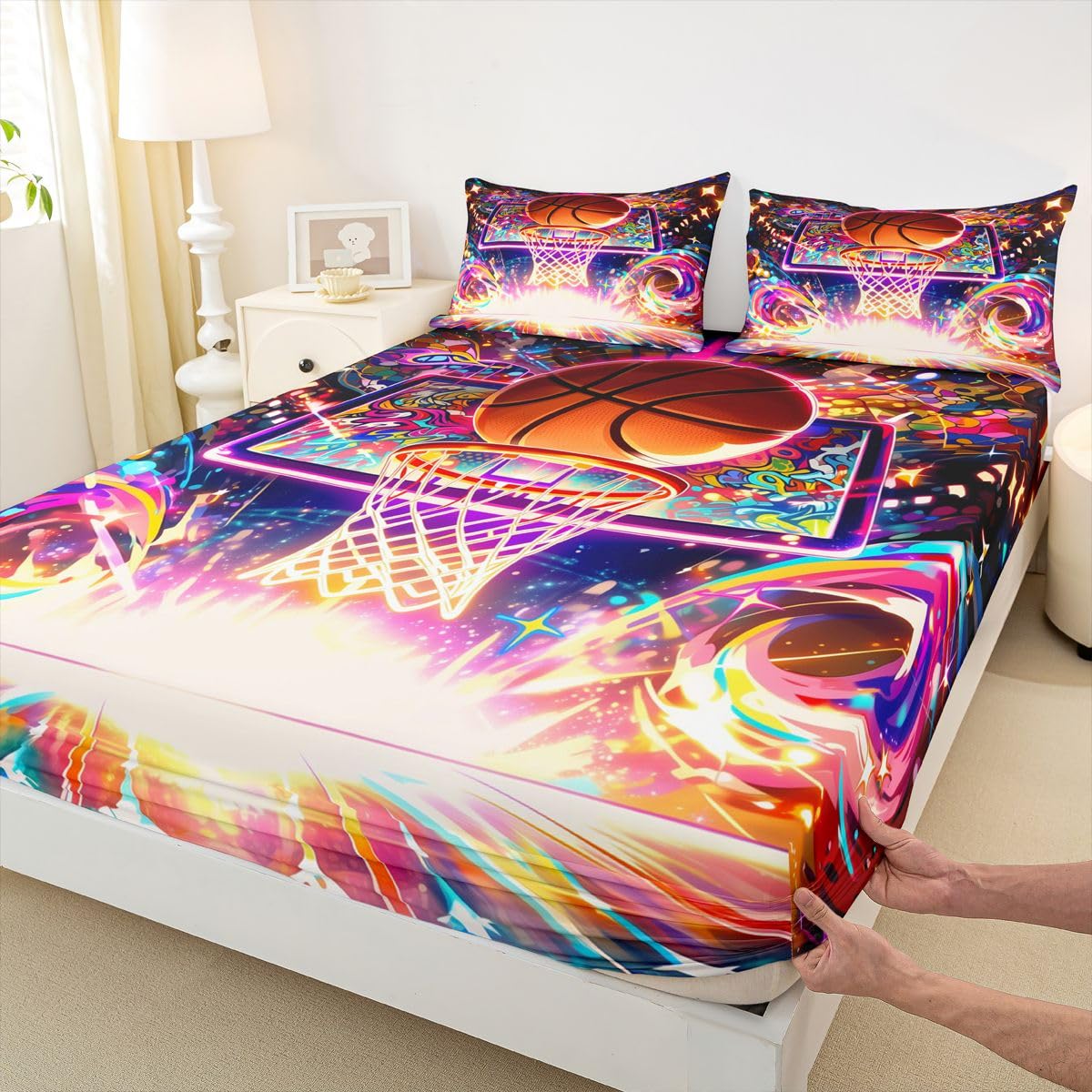Homewish Neonowe prześcieradła do koszykówki, podwójne, kolorowe, graffiti, zestaw pościeli, fajny zestaw pościeli do koszykówki, sport, piłka dla graczy, dopasowane, płaskie prześcieradła, 4 sztuki