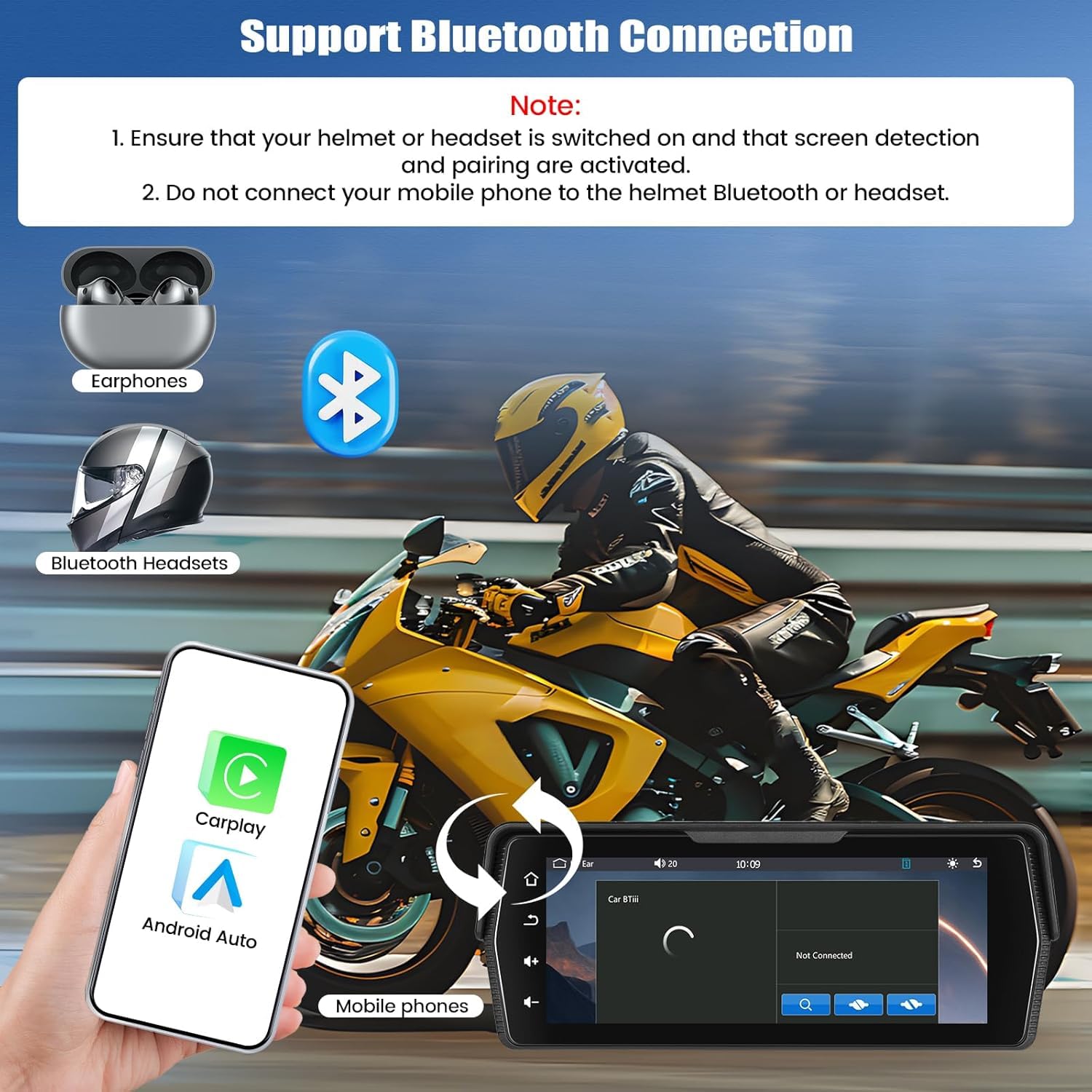 CAMECHO [Bezprzewodowy CarPlay] Pionowy 5-calowy ekran motocyklowy IPS HD bezprzewodowy CarPlay i Android Auto IP68 z Bluetooth uniwersalny monitor motocyklowy z regulacją EQ