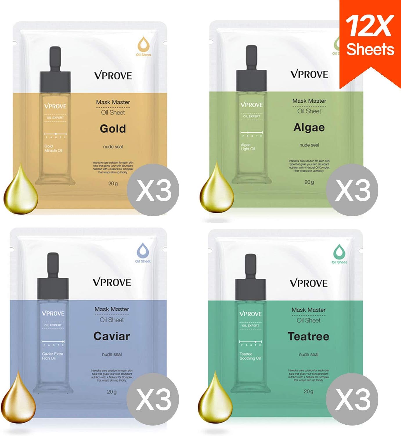 VPROVE Gold Mask Master Oil Mask, Korean Facial Sheet w/Skin Moisturizing Collagen and 4 Oils for Hydrogel Peel Skincare - 12 units