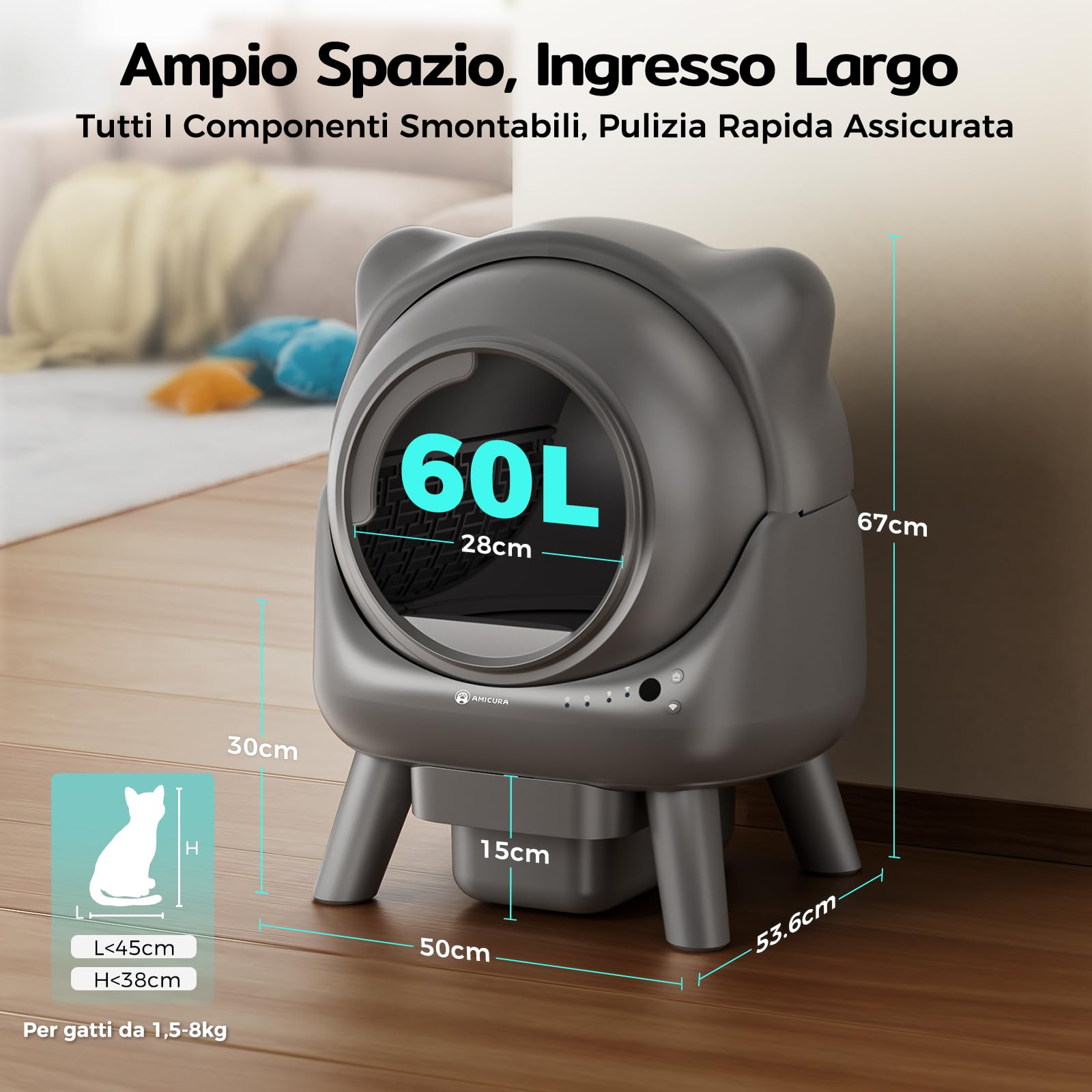 Amicura Cura X1 Lettiera Automatica per Gatti con 10 Protezioni di Sicurezza - Lettiera Gatto Autopulente con App Controllo Remoto, 60L Grande Capacità, Controllo Degli Odori, Silenziosa (<32dB)