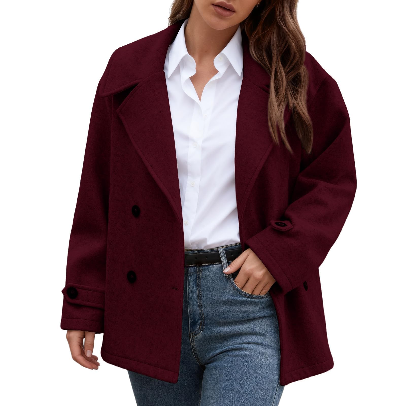 Womens Winter Loose Fit Cropped Wool Top Double Breasted Dressy Short Blazer Jacket Peacoat Office Womens Winter Coats