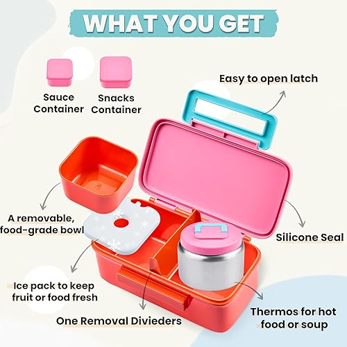 Miniatura 2 de PIQUEBAR Lonchera para niños con termo de 8 onzas, caja Bento a prueba de fugas con bolsa aislada, botella de agua aislada para niños con pajilla,