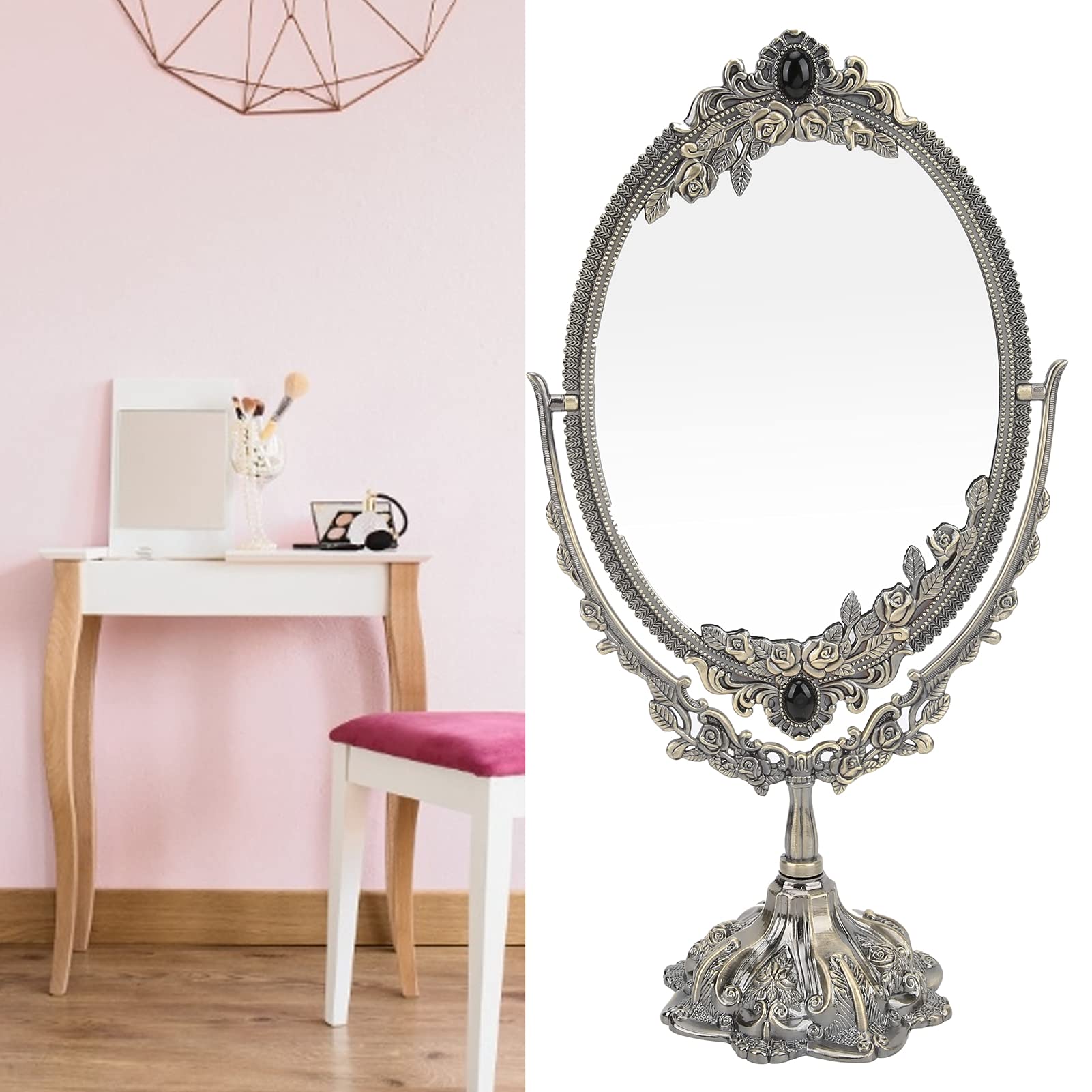 Tyenaza Espejo Retro de pie de Metal de Estilo Europeo, Espejo de Maquillaje Decorativo Antiguo de Metal con Soporte, Giratorio de Dos Caras Espejo de Maquillaje Ovalado, para Tocador y Baño(L)