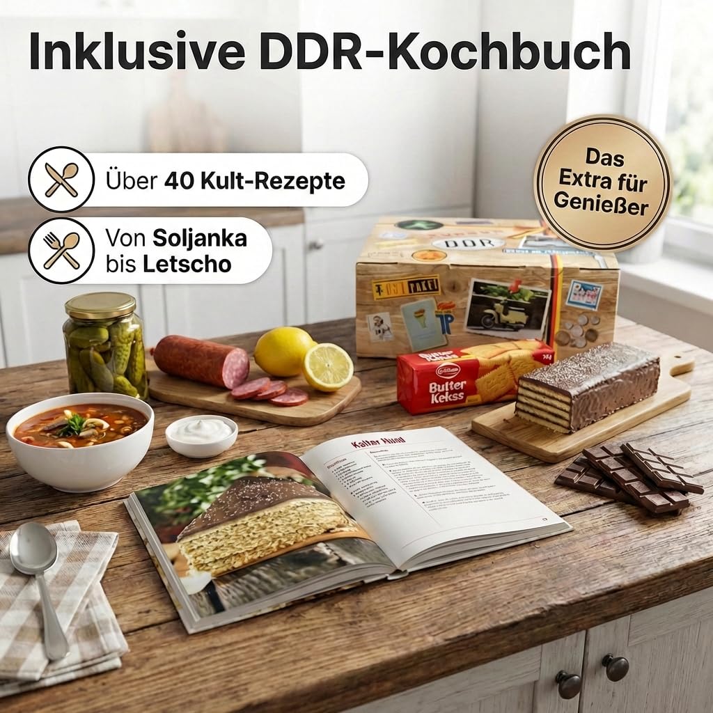 DDR Geschenkbox für Männer - Ost Waren mit Schulküche und Spezialitäten inkl. Kochbuch