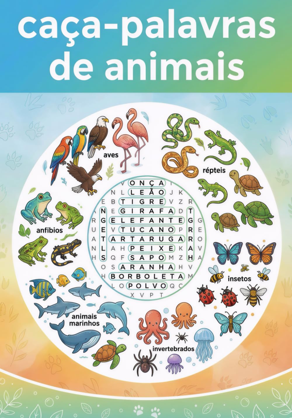 Caça palavras de animais: Para adulto, letras grande: Puzzle Game em português. excelente para exercício de memória, passa tempo - presente para tempo livre ferias e viagens