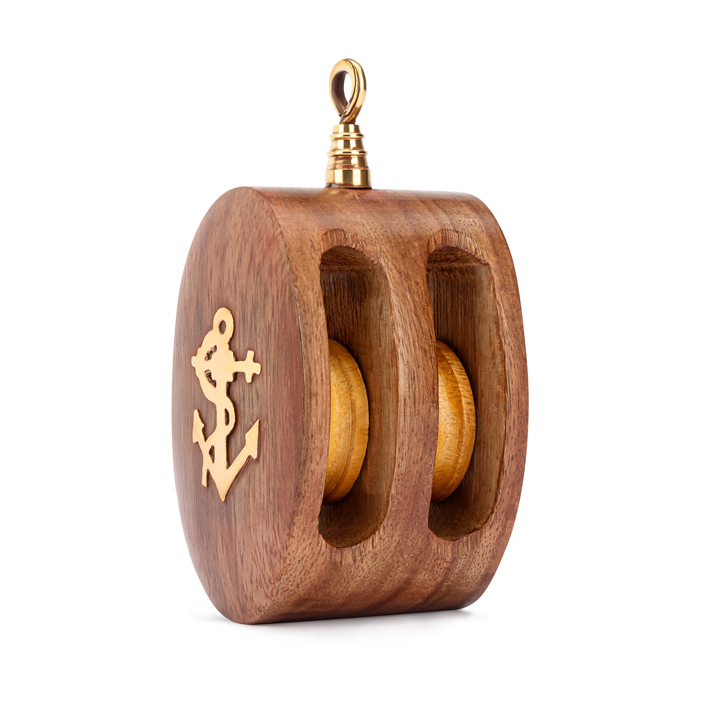 NKlaus Maritim 11513 - Rollo doble de madera y latón, 9,5 x 4,5 x 4,2 cm, perfecto para decoraciones marítimas o como polea de botella