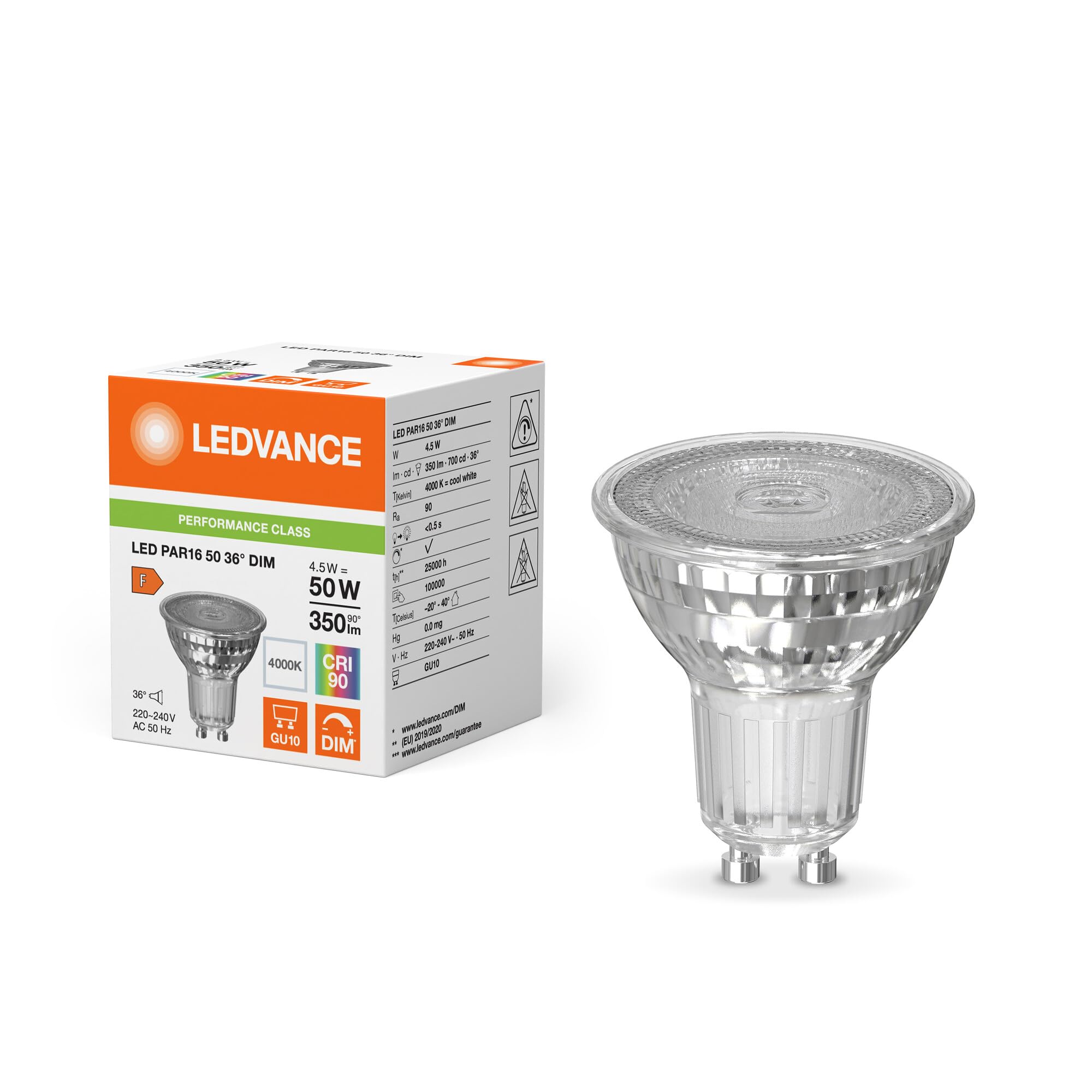 LEDVANCE LED PAR16 4.5W (50W eqv.) GU10 4000K 36 Degrees RA90 Dimmable