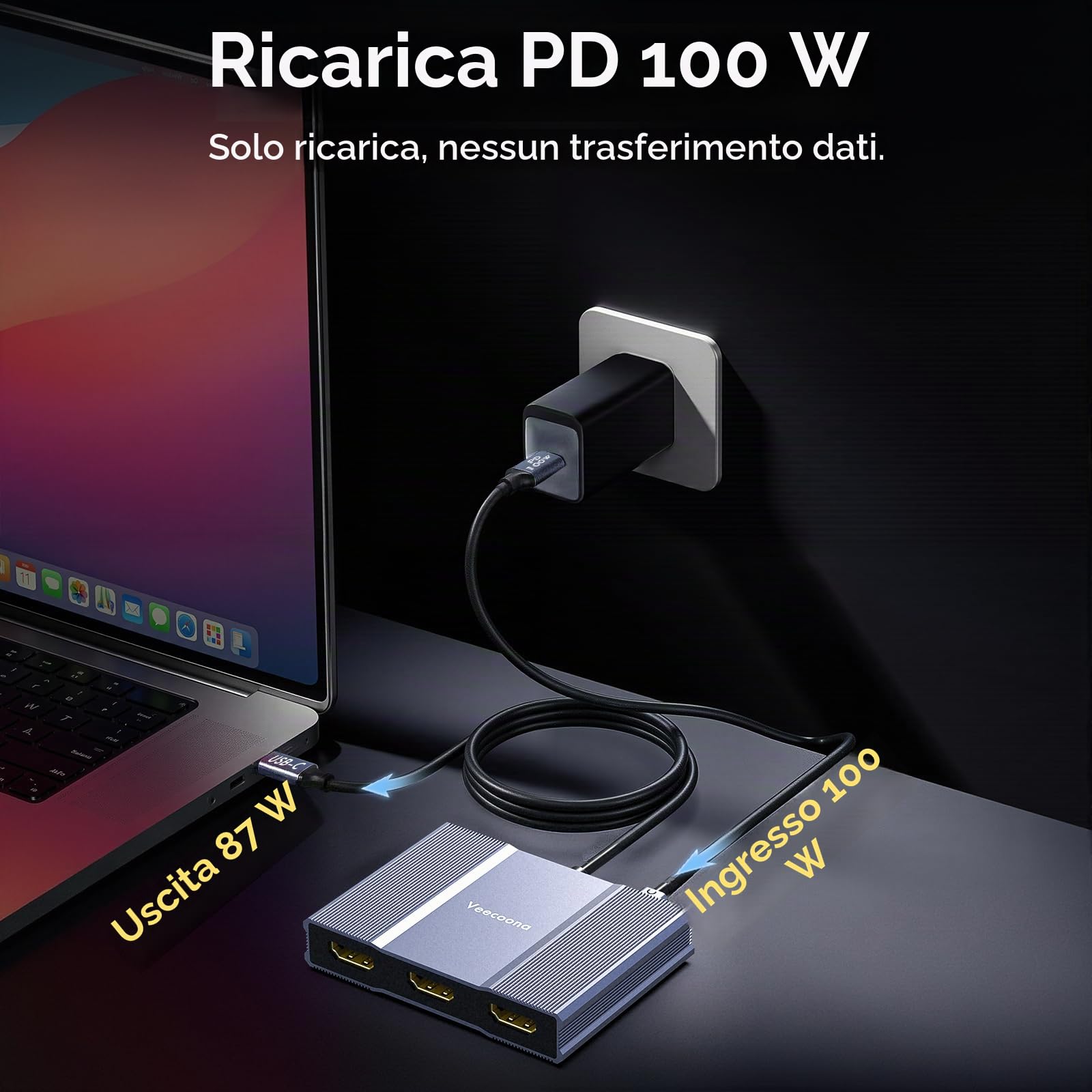Adattatore da USB C a 3 HDMI con PD 100W, 4K a 60Hz HDMI Splitter Display esteso 1 in 3 Out per multi-monitor, compatibile con laptop, PC, scheda grafica USB-C - MACOS non supporta MST