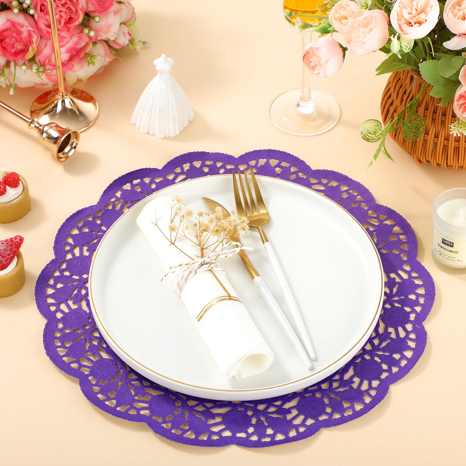 Yexiya 200 unidades de blondas de papel de encaje desechables de papel de aluminio de encaje, manteles individuales para pasteles, manualidades, decoración de bodas (morado, redondo)