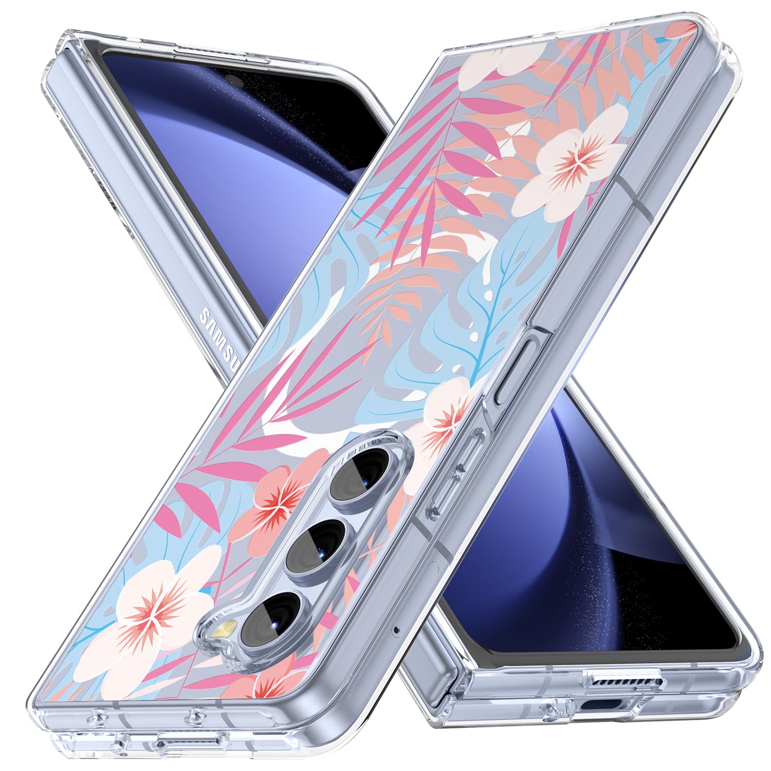Magnetic for Galaxy Z Fold 5 Case,Clear Case with Flowers,Slim Anti-Yellow Hard PC Protective Soft TPU Bumper Shockproof Cute Case for Samsung Galaxy Z Fold 5,Hawaiian Flower(10-19)