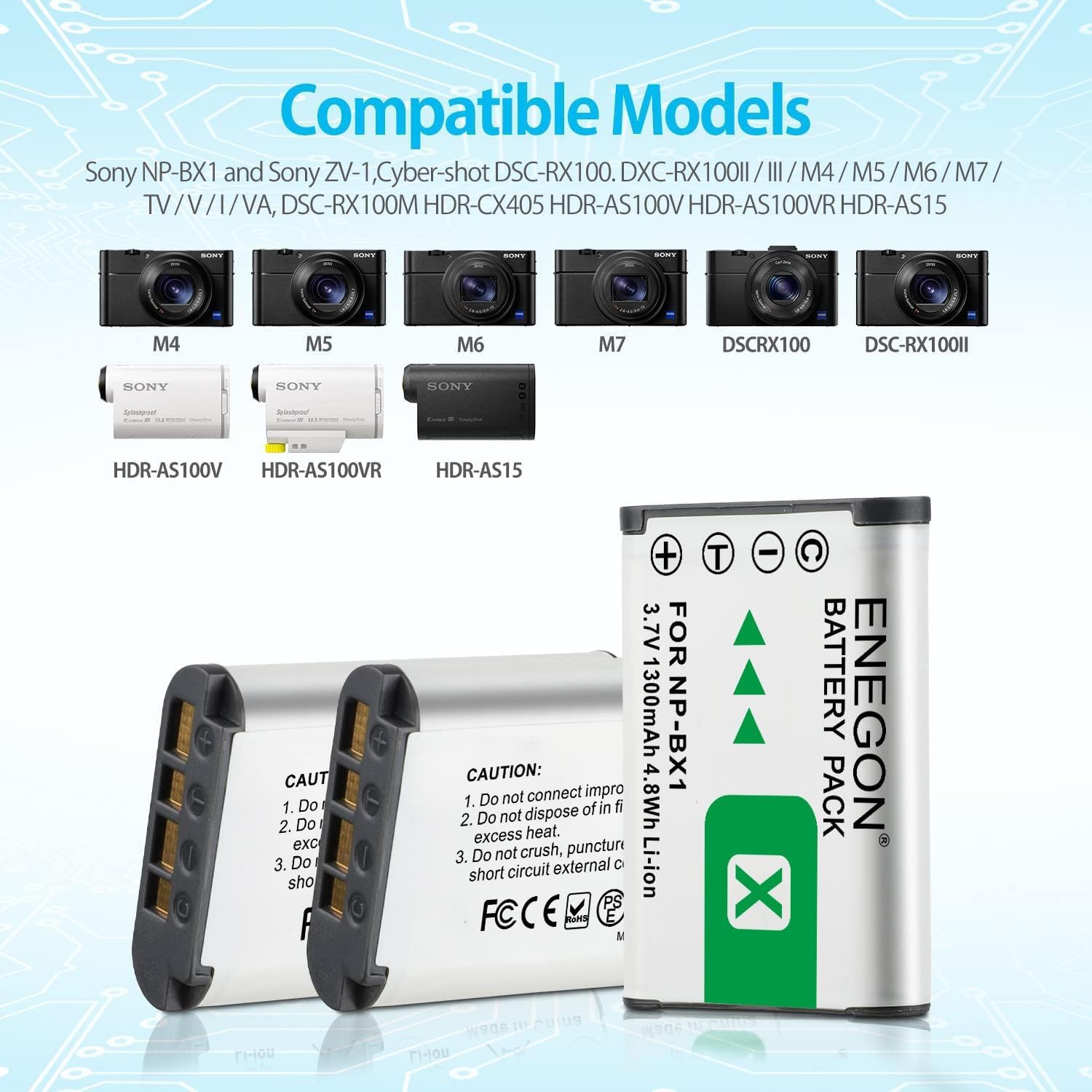 ENEGON NP-BX1 Lot de 3 Batteries 1300 mAh et Chargeur LCD pour Sony NP-BX1 et Sony ZV-1, Cyber-Shot DSC-RX100, DSC-RX100 II/III/M4/M5/M6/M7////VA, DSC-RX100M II, HDR-CX44
